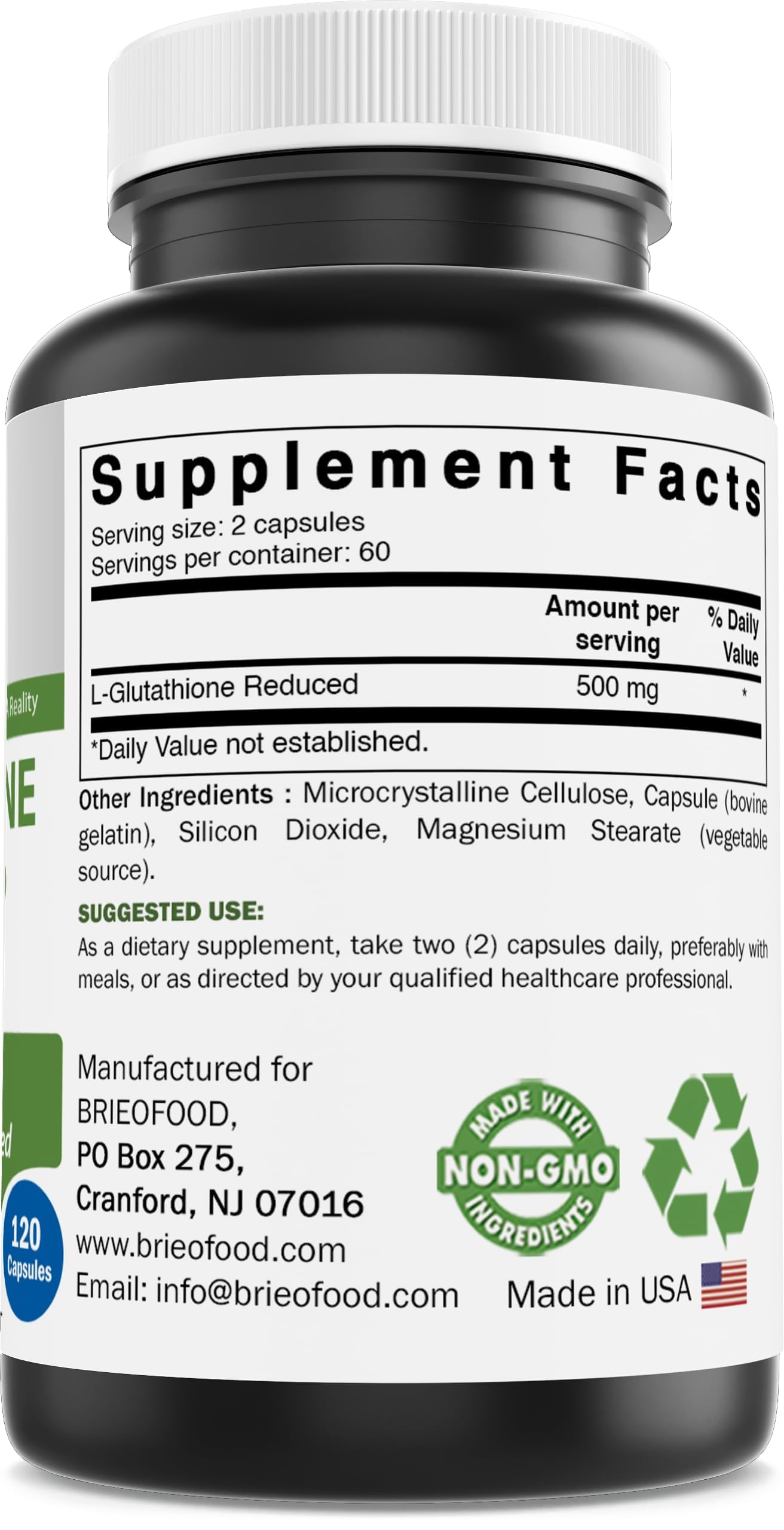 Brieofood Glutathione (Reduced) 500mg Capsule, 120 Count