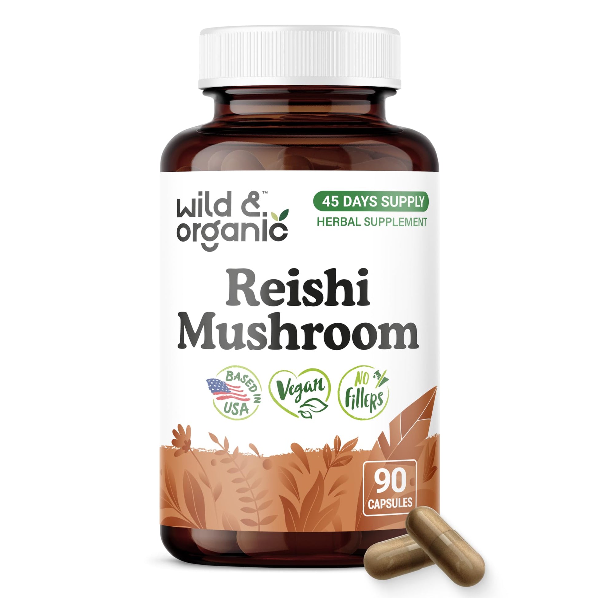 Wild & Organic Reishi Mushroom Capsules 1000 mg Immune Support Ganoderma Lucidum Extract Supplement, 90 Capsules