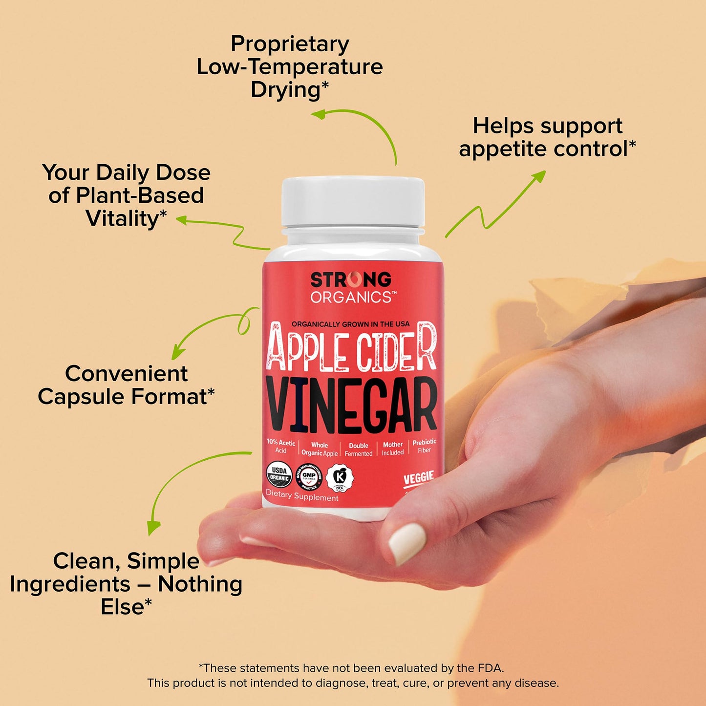 Strong Organics Organic Apple Cider Vinegar Capsules with The Mother, 1100mg ACV with 110mg Acetic Acid, 120 Vegan Caps