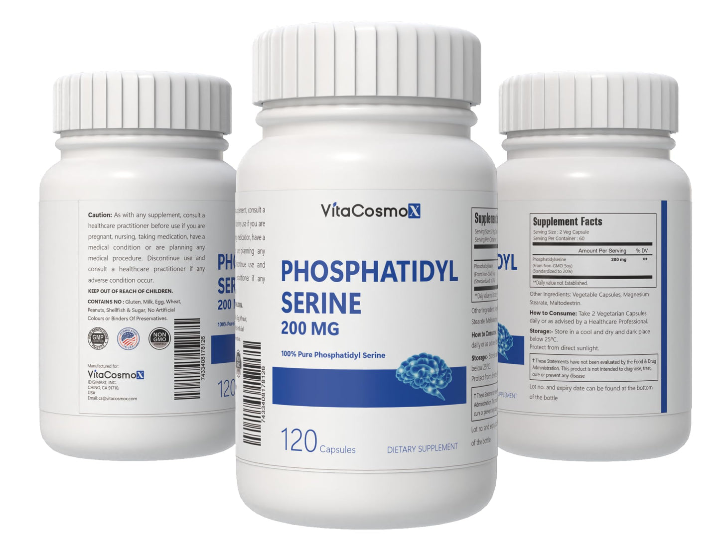 VitaCosmoX Phosphatidylserine, 200 mg Veggie Capsules, 120 Count