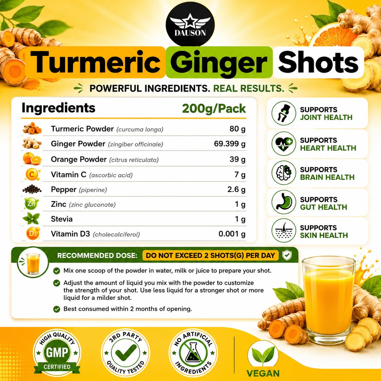 DAUSON Turmeric Shots Powder, 200 Servings