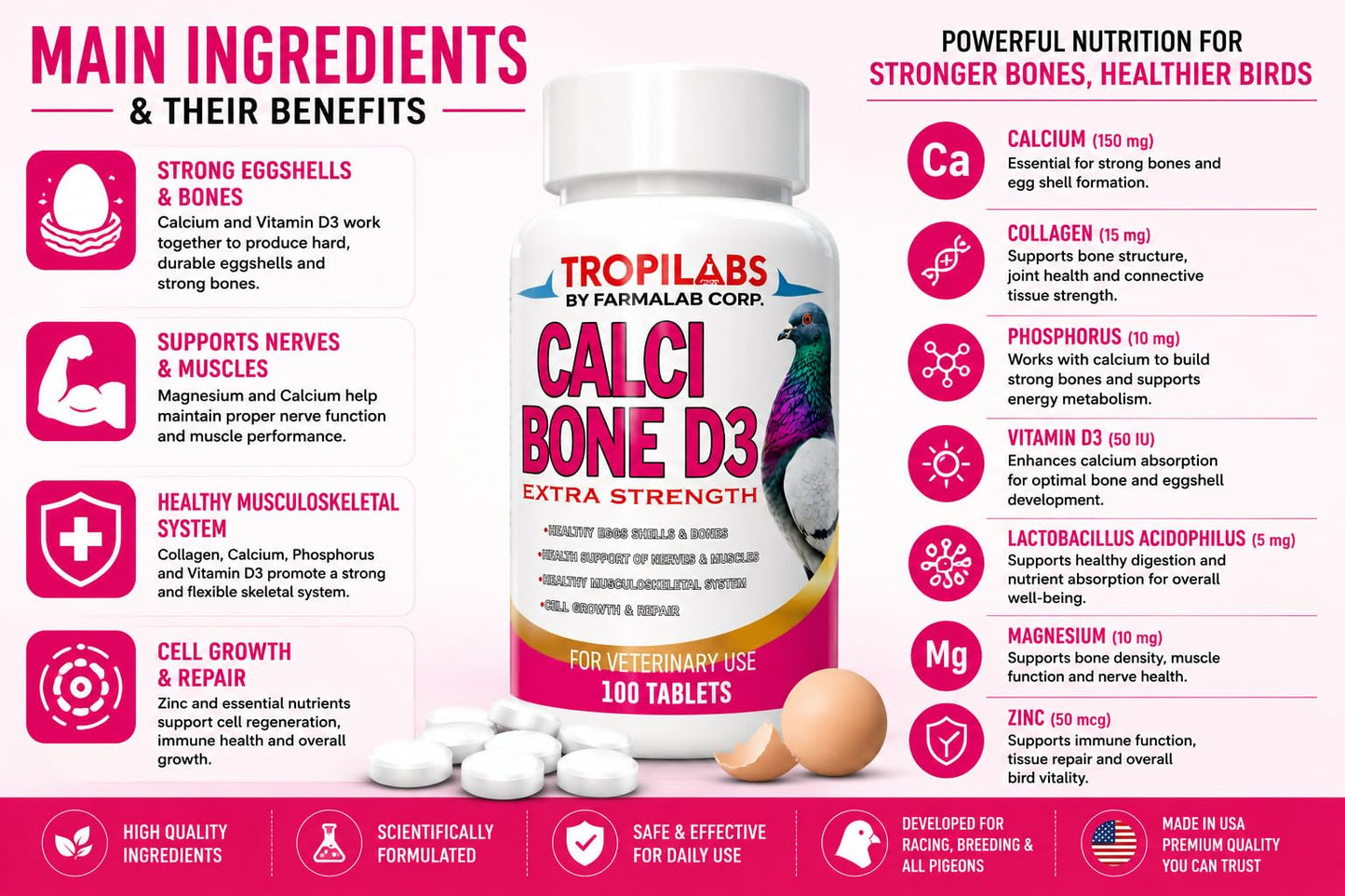 Generic Farmalab Calcium Bone D3 Extra Strength Calcium Supplement for Pigeons, 100 Tablets