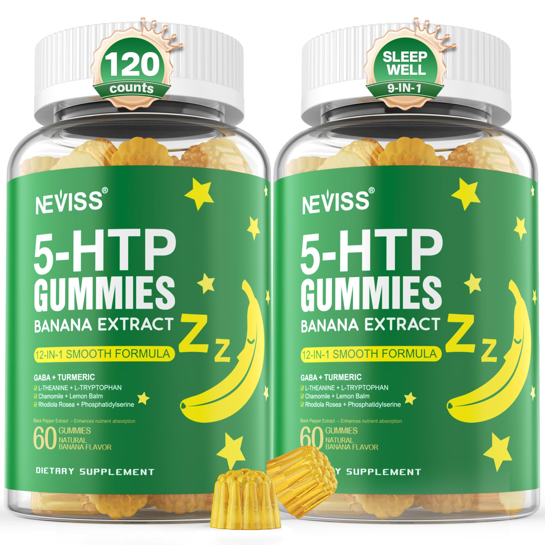 NEVISS 5-HTP 400mg Gummies + GABA - Melatonin-Free Relaxation Gummies with Banana Extract, L-Theanine, Turmeric, L-Tryptophan, D3 for Healthy Rest Cycle, Circadian Rhythm, Brain & Muscle Relax, 120 Gummies