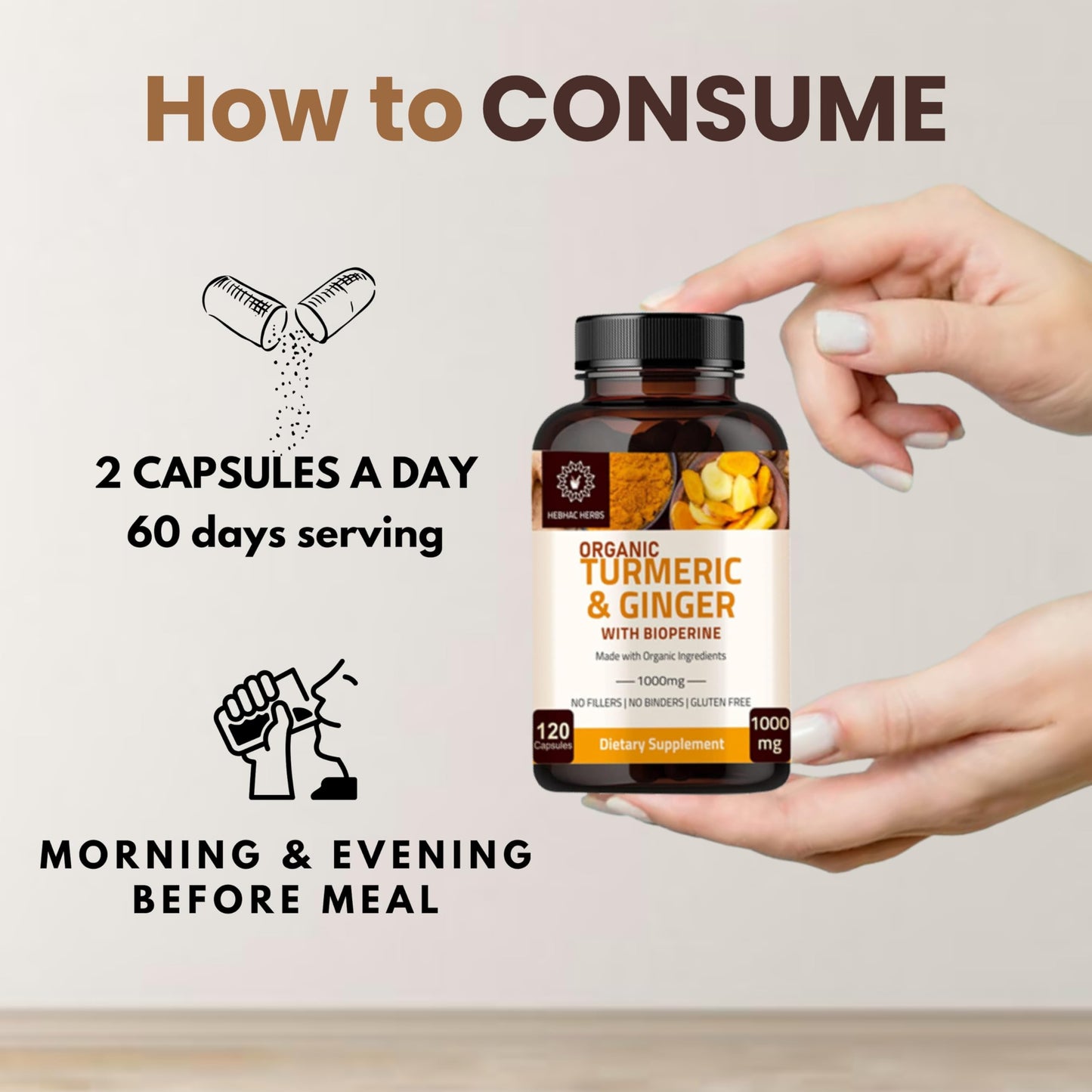 Hebhac Herbs Turmeric Ginger with Black Pepper & Ginger 1000 mg Capsules 120 Count