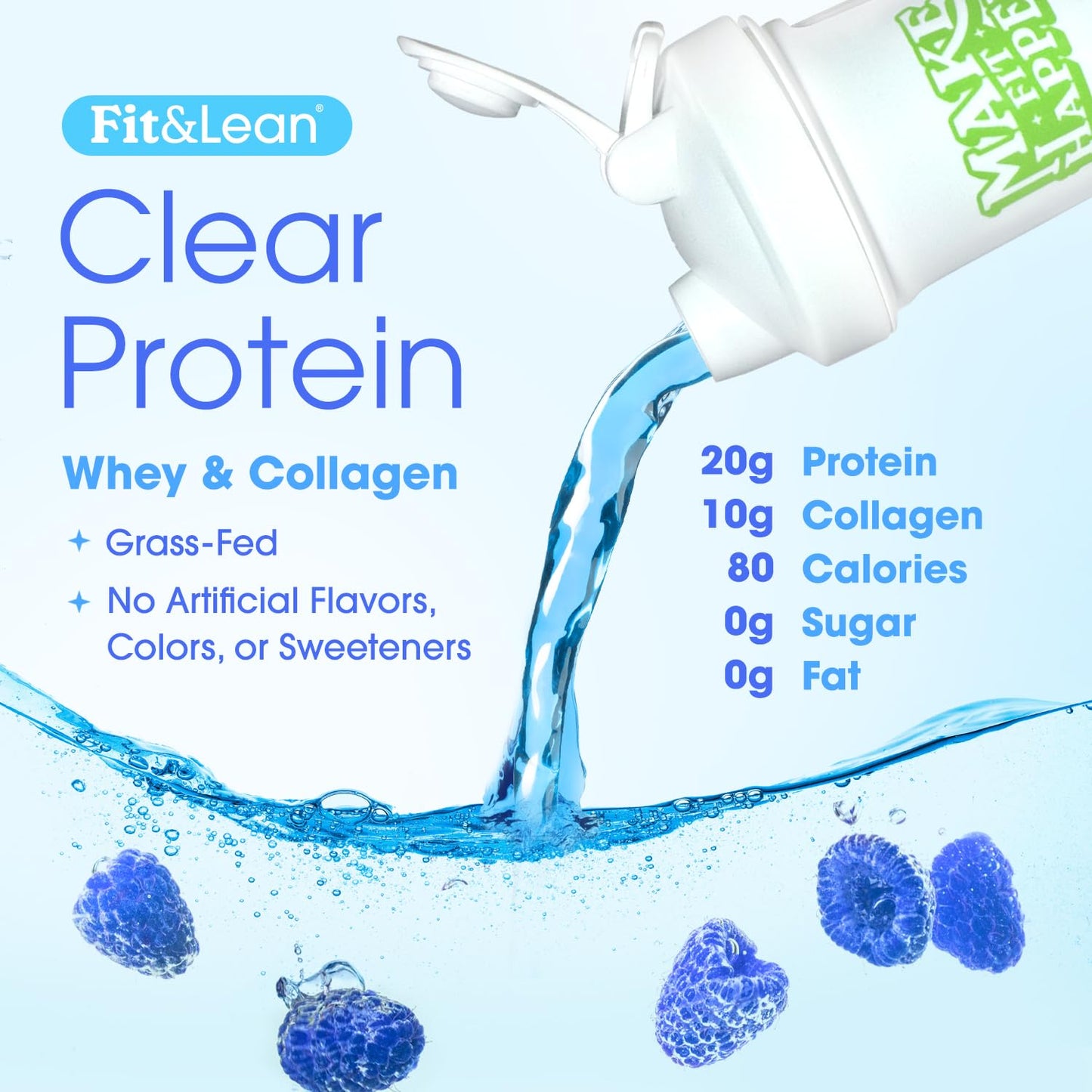 Fit & Lean Clear Protein Powder with Whey Isolate Protein and Collagen, Grass Fed, Blue Raspberry, 16.7 oz
