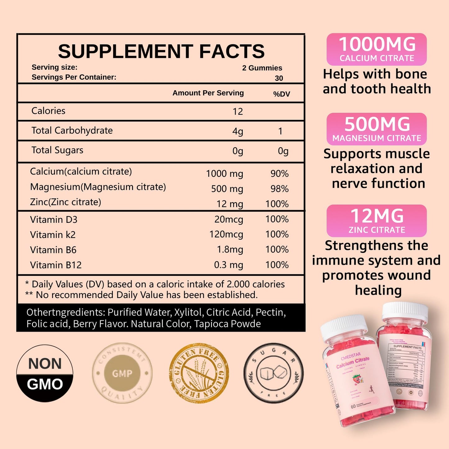 CMEDSTAR Chewable Calcium Citrate Gummies 1000mg with Vitamin D3 & K2, B6 & B12, Magnesium, Zinc for Bones, Muscles & Joints, Immunity & Memory Support, Sugar-Free, Gluten-Free, Vegetarian, Strawberry, 60 Count