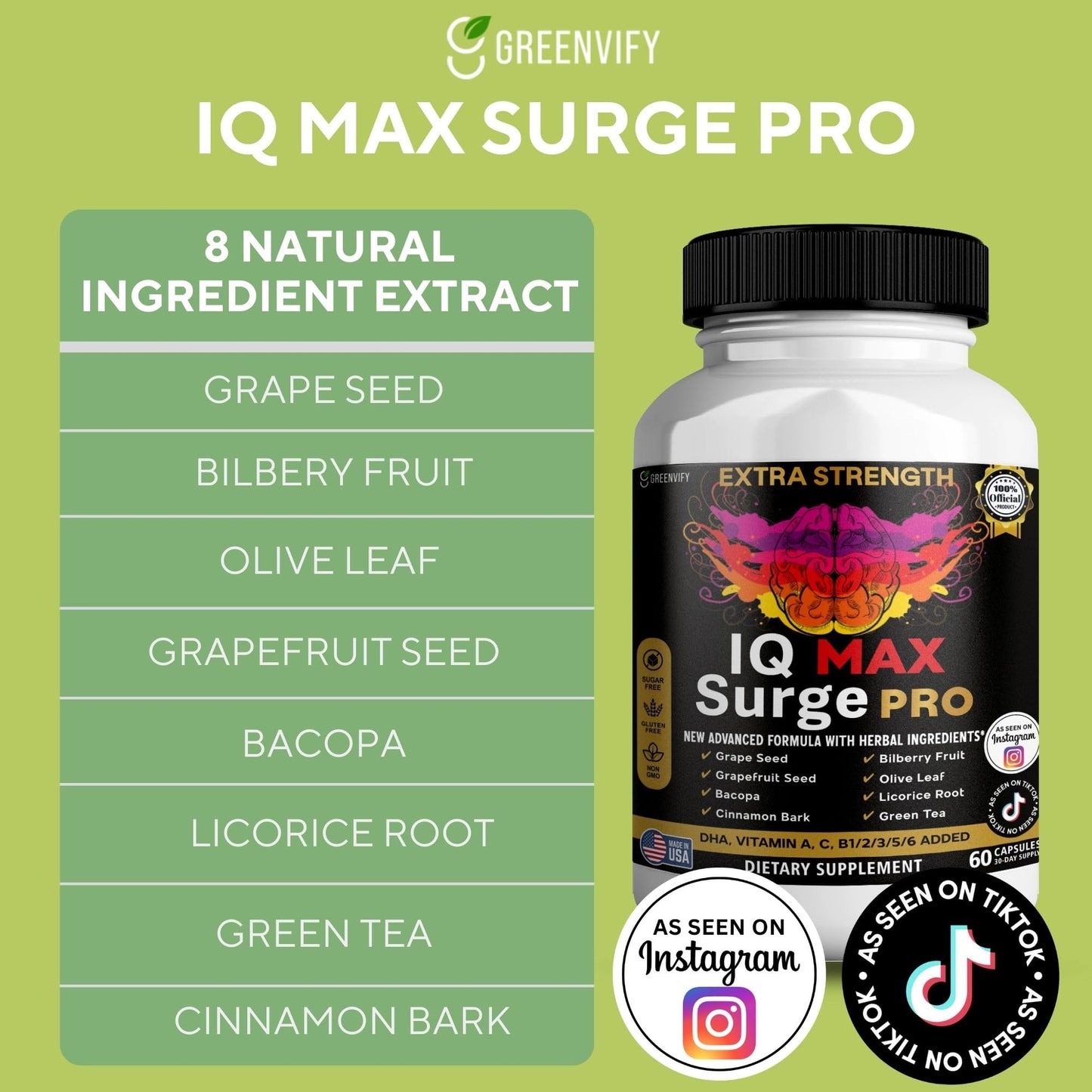 GREENVIFY IQ Max Surge Pro Brain Supplement Extra Strength with Herbal Ingredients 60 Capsules