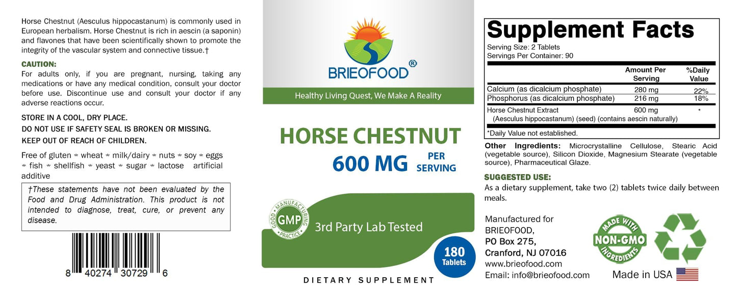 Brieofood Horse Chestnut Extract 600 mg per Serving 180 Tablets