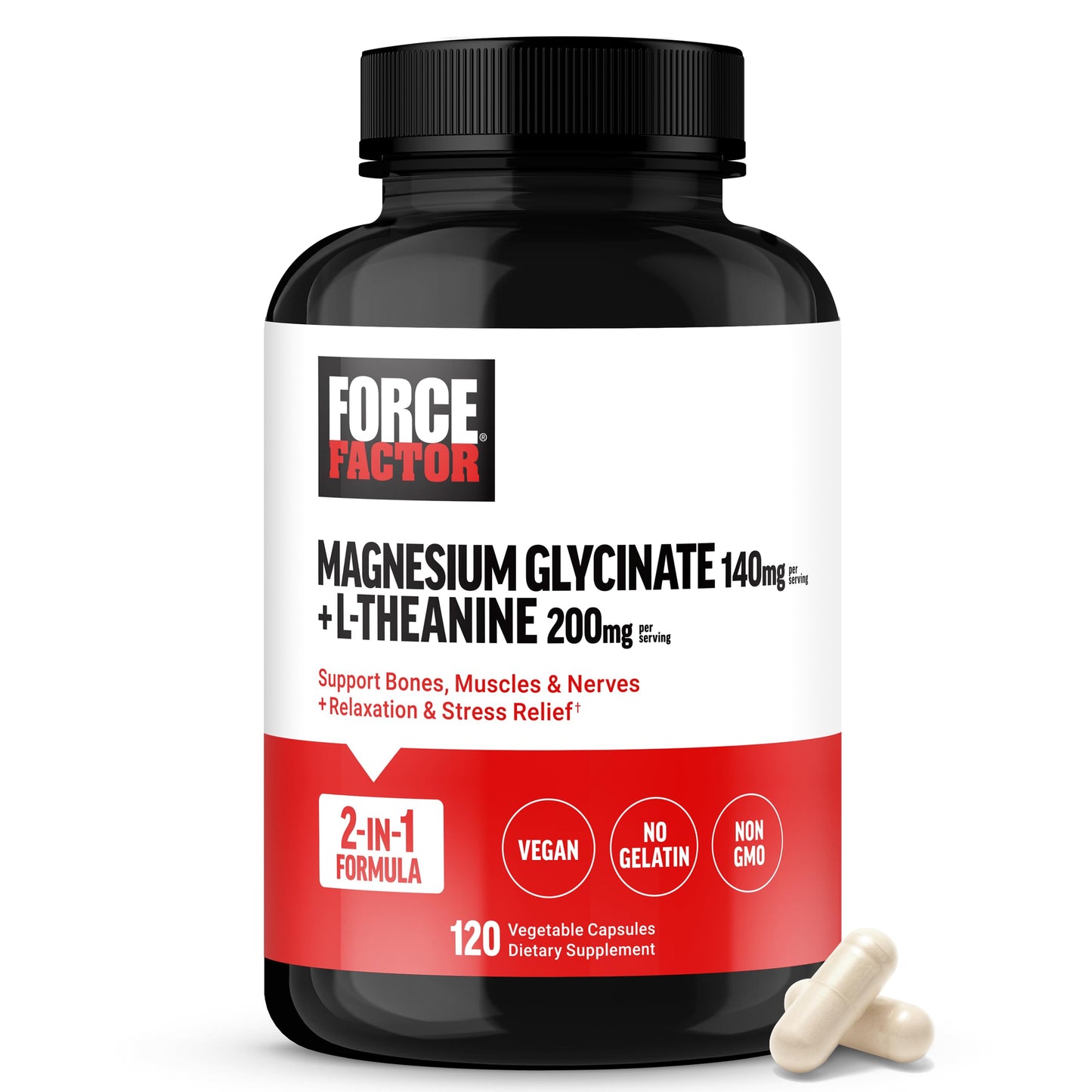 Force Factor Magnesium + L-Theanine Magnesium Bisglycinate Supplement, Capsules, 120 Count