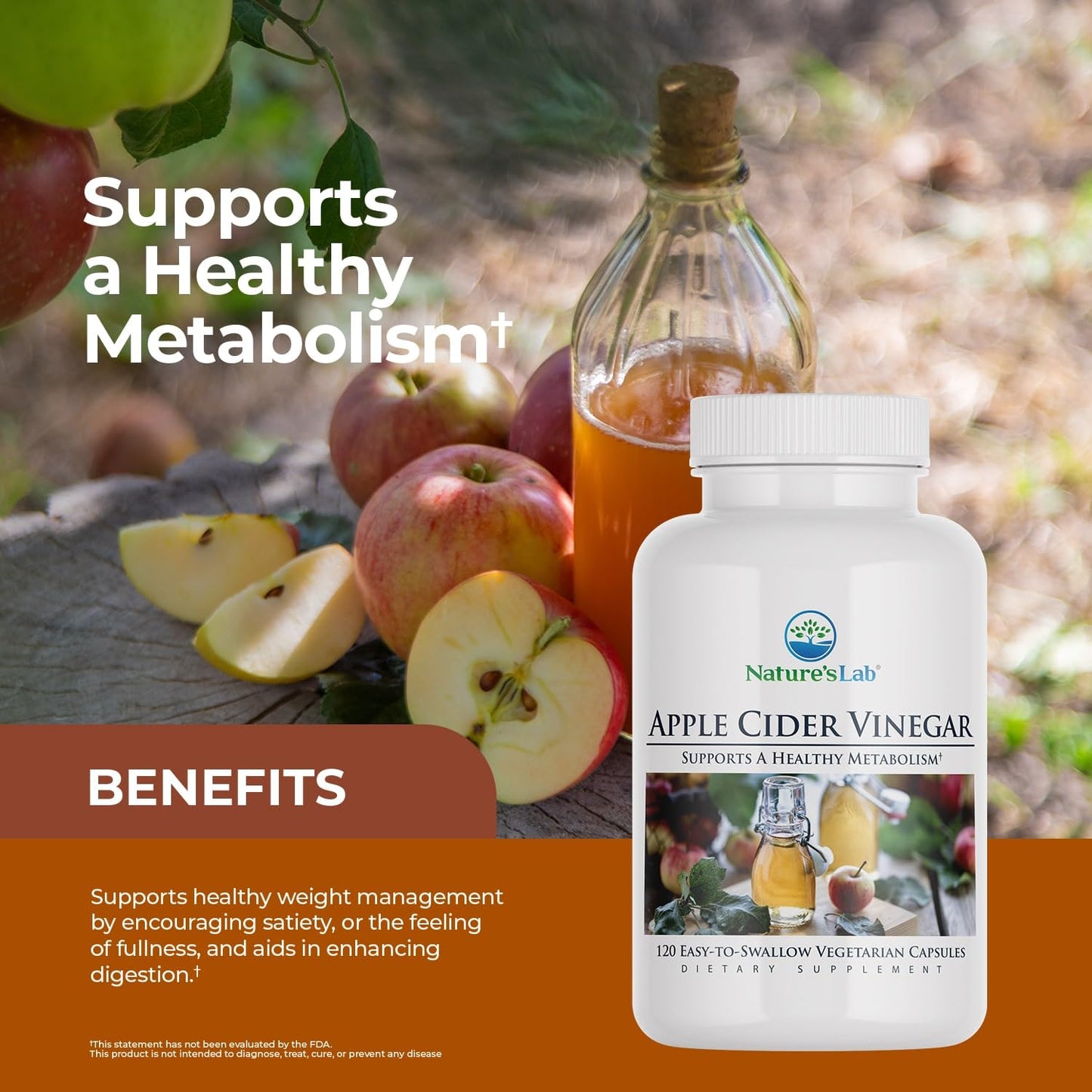 Nature's Lab Apple Cider Vinegar 1200mg with Chromium Capsules 120