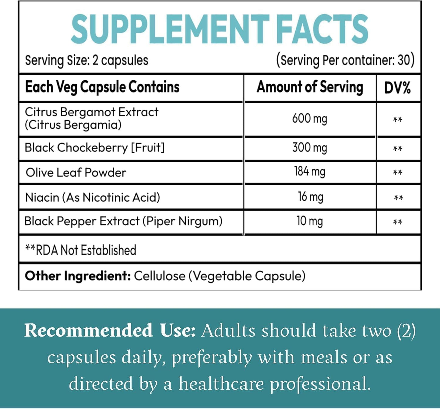 AIKOURA HERBS Citrus Bergamot Supplement 1110mg with Niacin, Olive Leaf & Black Pepper 60 Capsules