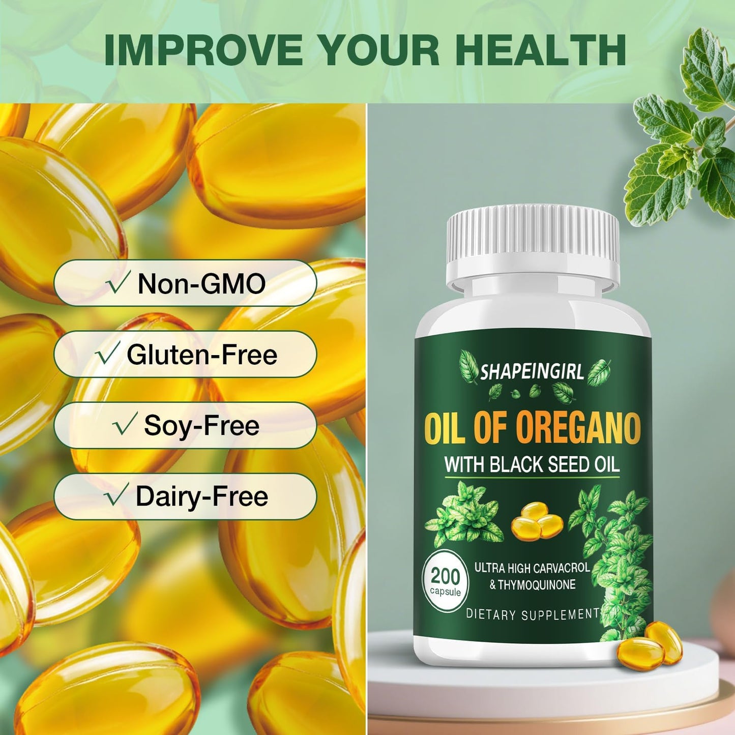 SHAPEINGIRL Oil of Oregano with Black Seed Oil Capsule, Organic Oregano Oil Supplement, 400 Capsules