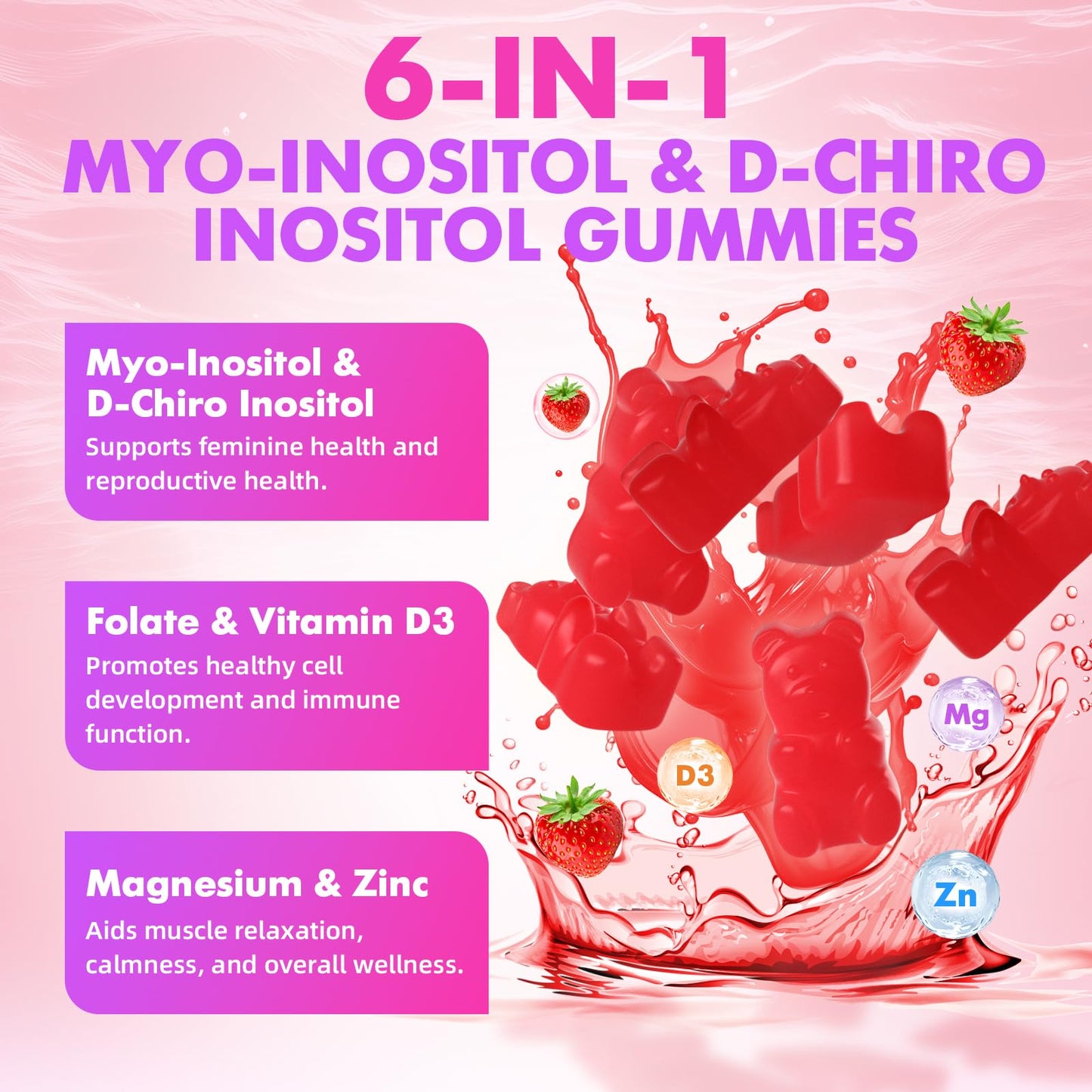 softbear Inositol Gummies for Women 1000mg with Vitamin D3, 60 Count