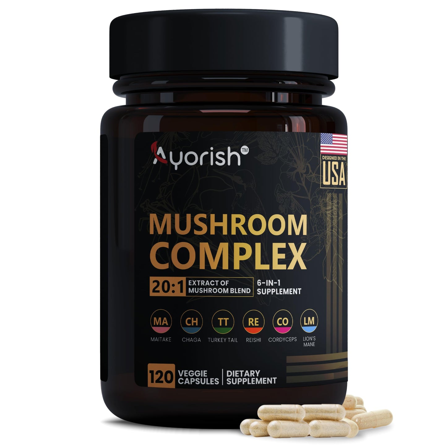 Ayorish Lions Mane 6 in1 Mushroom Supplement with Turkey Tail Reishi Cordyceps Chaga Maitake Meshima Poria Cocos Shiitake Oyster Porcini Enoki Capsule 120