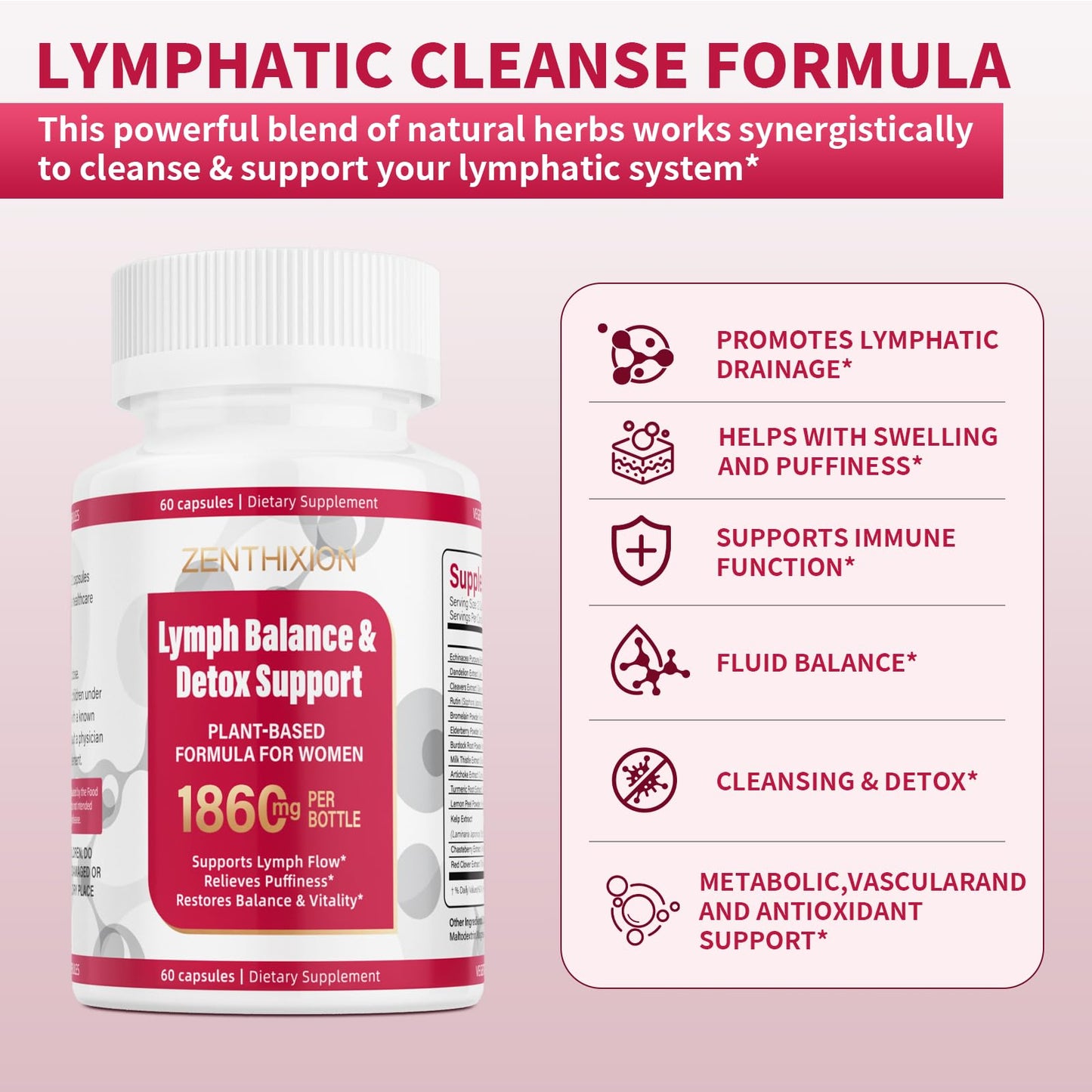 Zenthixion Lymphatic Drainage Supplements 1860mg Lymph System Support Supplement for Women with Dandelion, Burdock, Echinacea, Rutin, Turmeric, Cleavers, Bromelain & More 60 Capsules