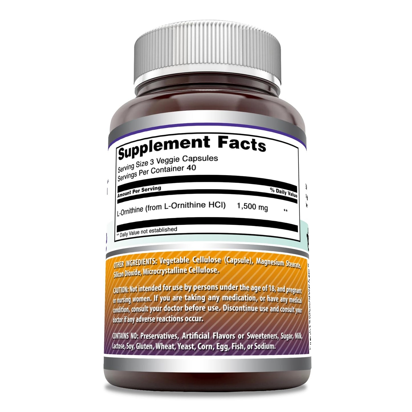 Amazing Nutrition L-Ornithine 1500 mg Per Serving Veggie Capsules, 120 Capsules