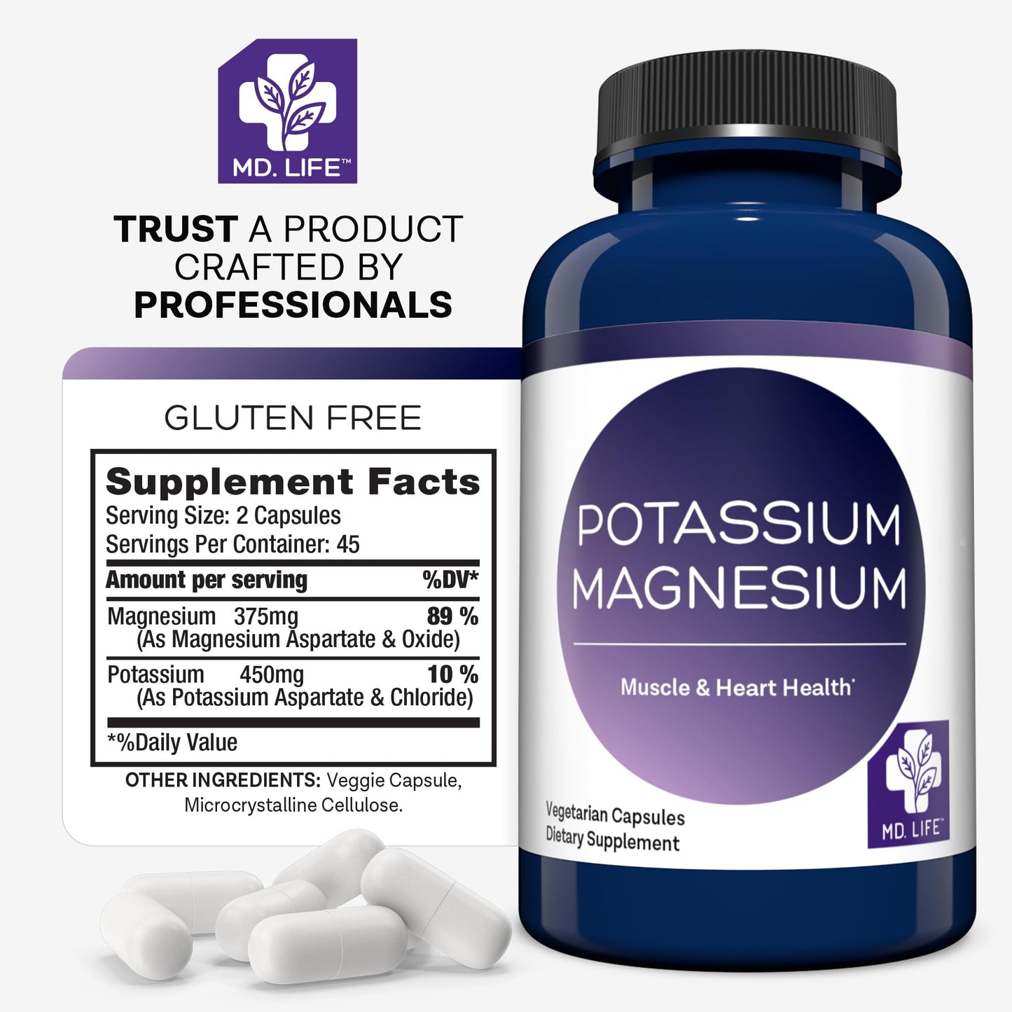 MD.LIFE Potassium Magnesium Supplement Capsule 90 Count
