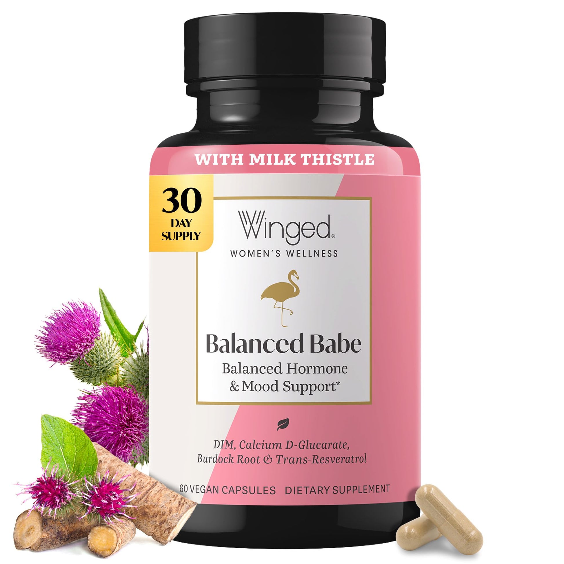 Winged Wellness Balanced Babe, Hormone Balance & Estrogen Detox Supplement for Women 100mg DIM & Milk Thistle, 60 Capsules