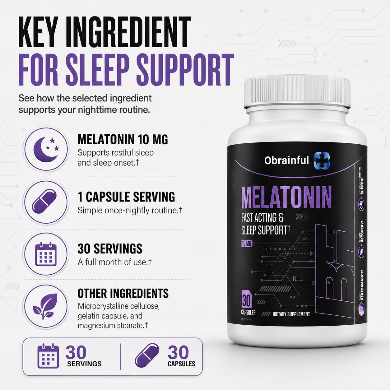 Obrainful Melatonin 10mg Capsules for Sleep Support & Nighttime Wellness, 30 Count