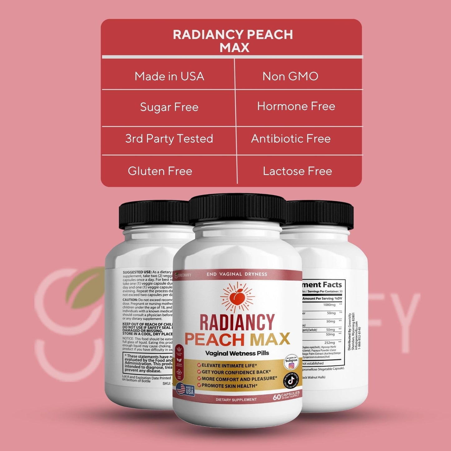 GREENVIFY Radiancy Peach Max Vaginal Wellness Supplement Capsules, 180 Count