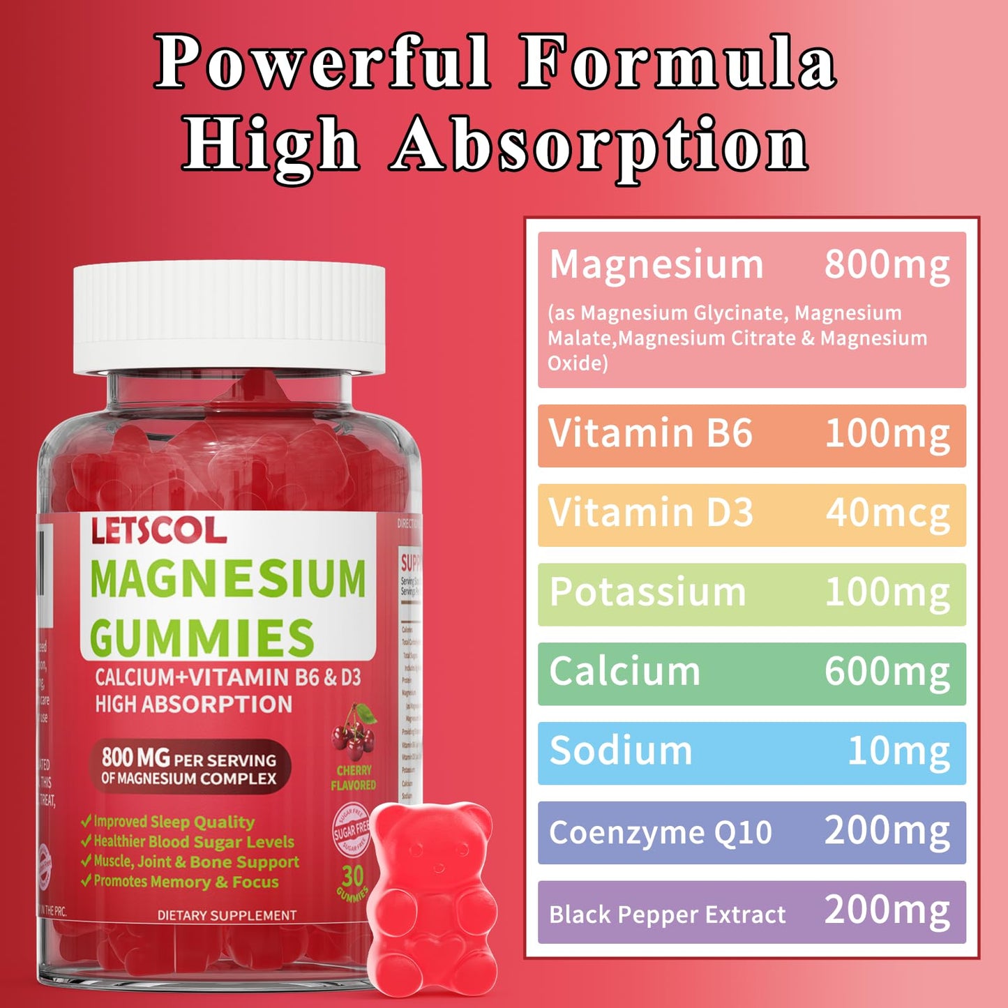 LETSCOL Magnesium Glycinate Gummies 30 Count