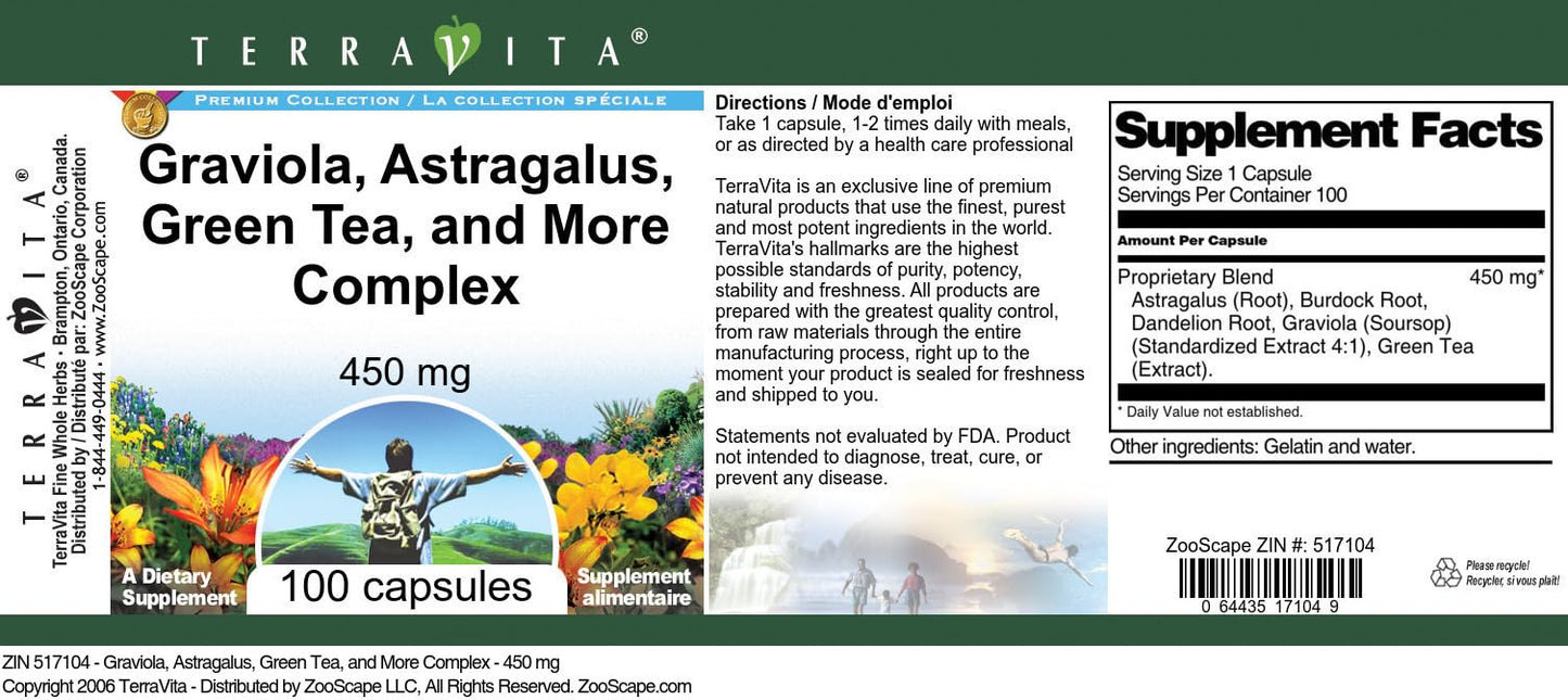 Terravita Graviola, Astragalus, Green Tea Complex Capsules, 450 mg, 100 Count