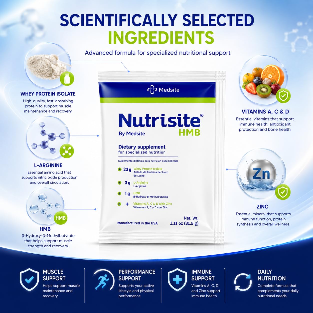 Medsite Nutrisite HMB Nutritional Protein Powder Sachets with Whey Isolate, Immune and Muscle Support, 1.09 oz