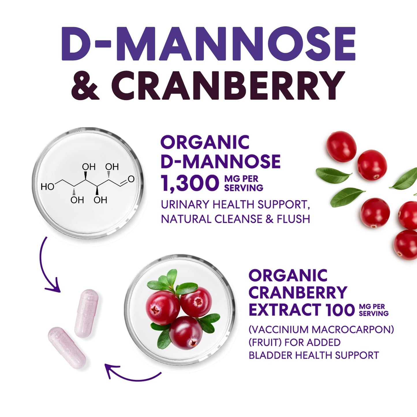 Health Nutrition Naturals D-Mannose Supplement - 1,300mg Organic D Mannose Per Serving with Organic Cranberry Extract, 60 Capsules