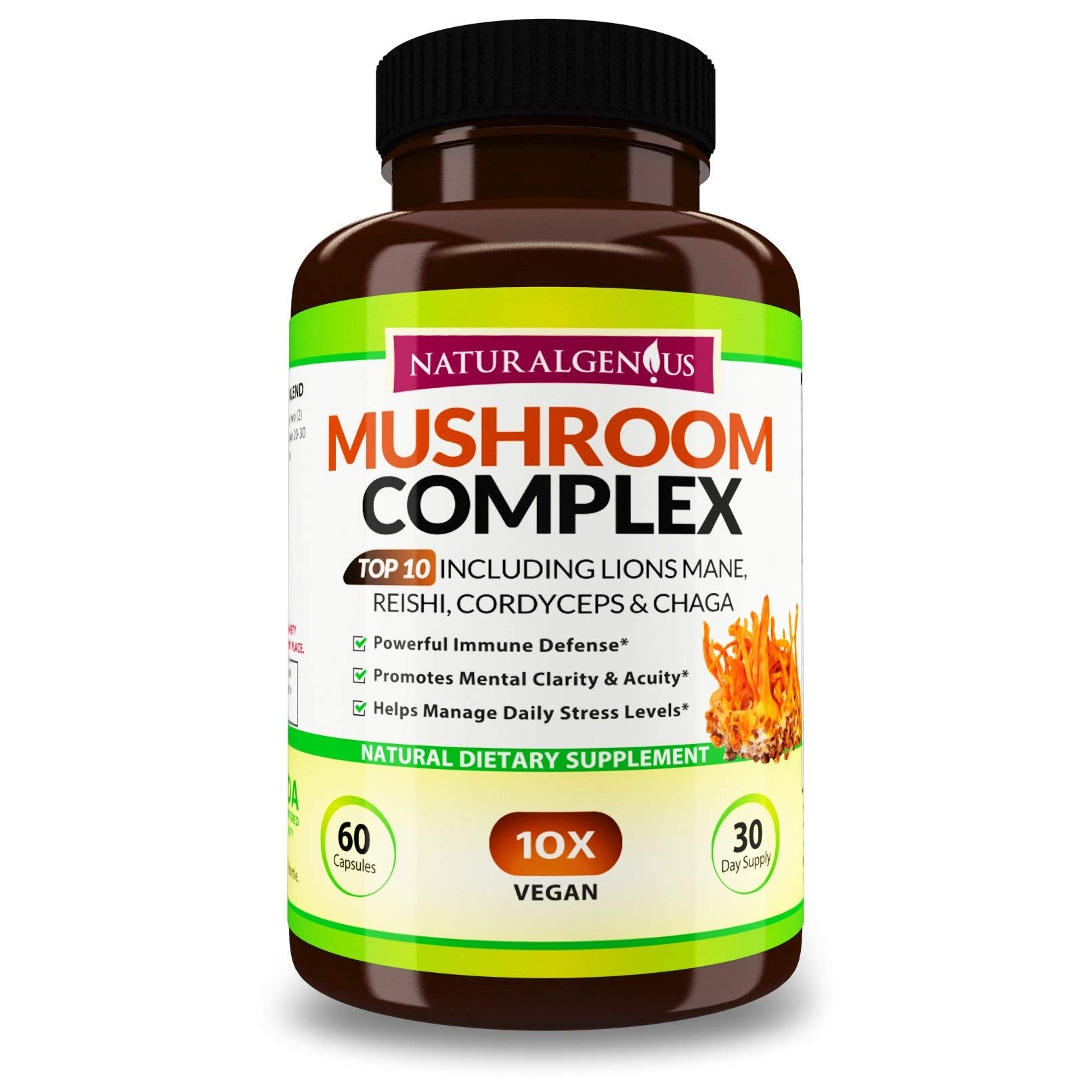 NATURALGENIUS Top 10 Mushroom Extracts - White Button, Lions Mane, Cordyceps, Chaga, Reishi Plus - Immune Booster, Nootropic 60 Capsules