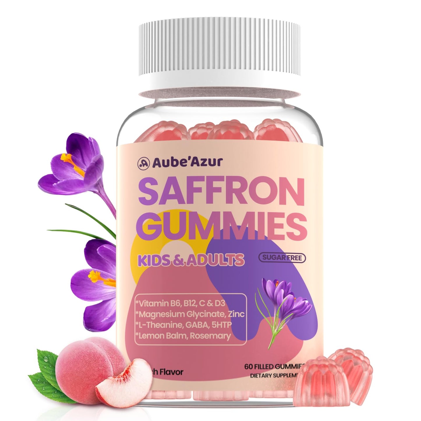 Aube'Azur Saffron Gummies for Kids, 15-in-1 Saffron Supplements, 60 Gummies