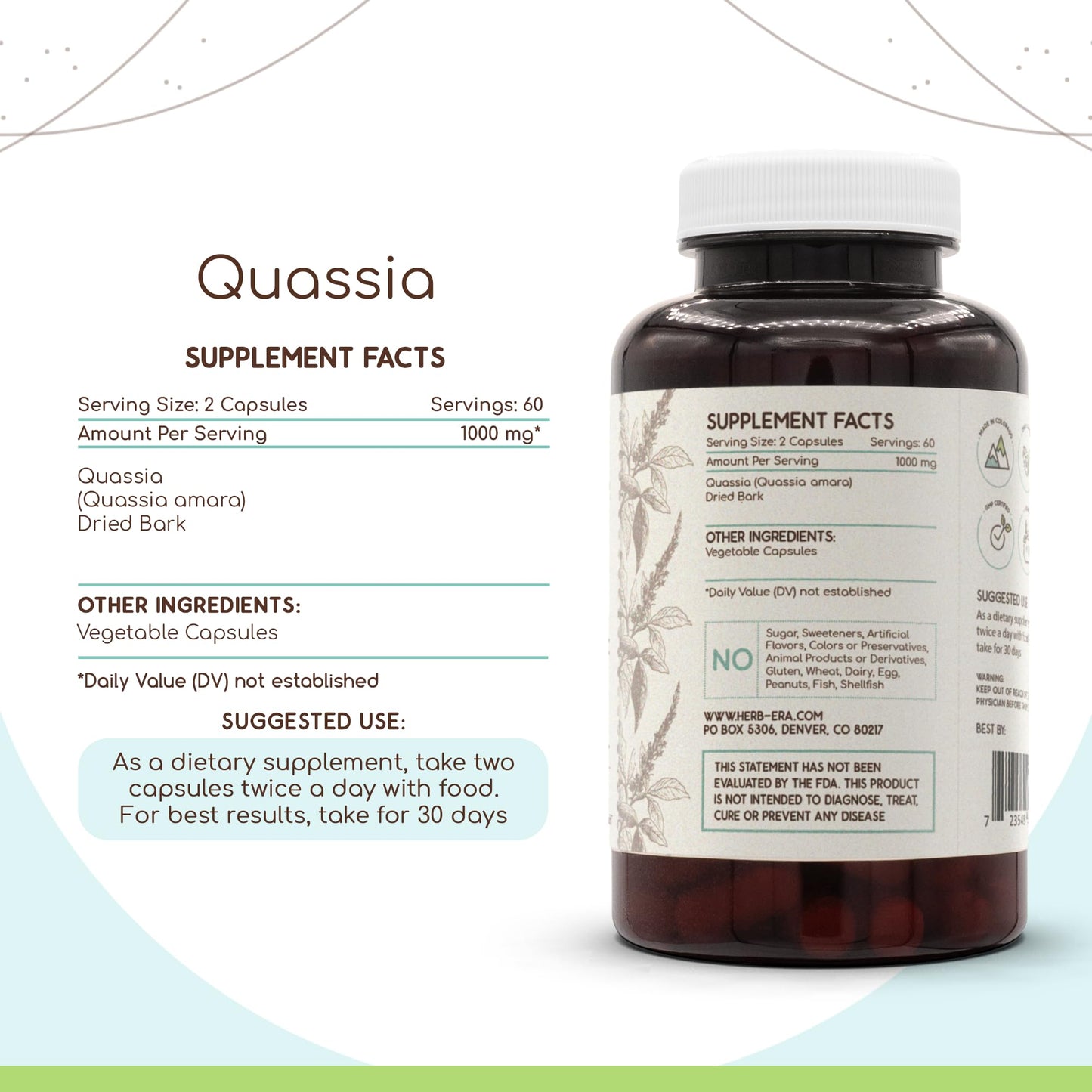 HerbEra Quassia 500 mg Wildcrafted Quassia Amara Dried Bark 120 Capsules