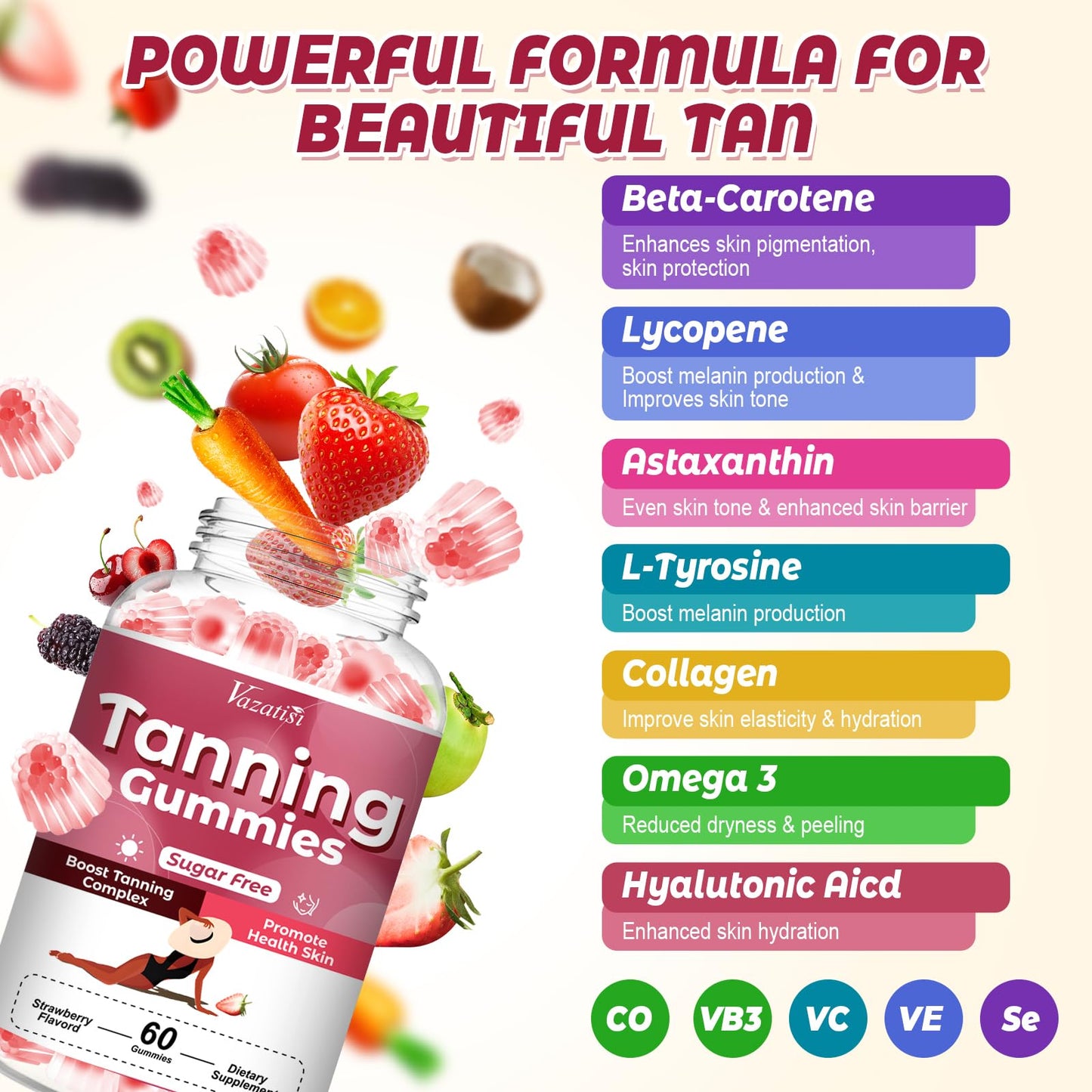 Vazatisi Tanning Gummies for Women 120 Count