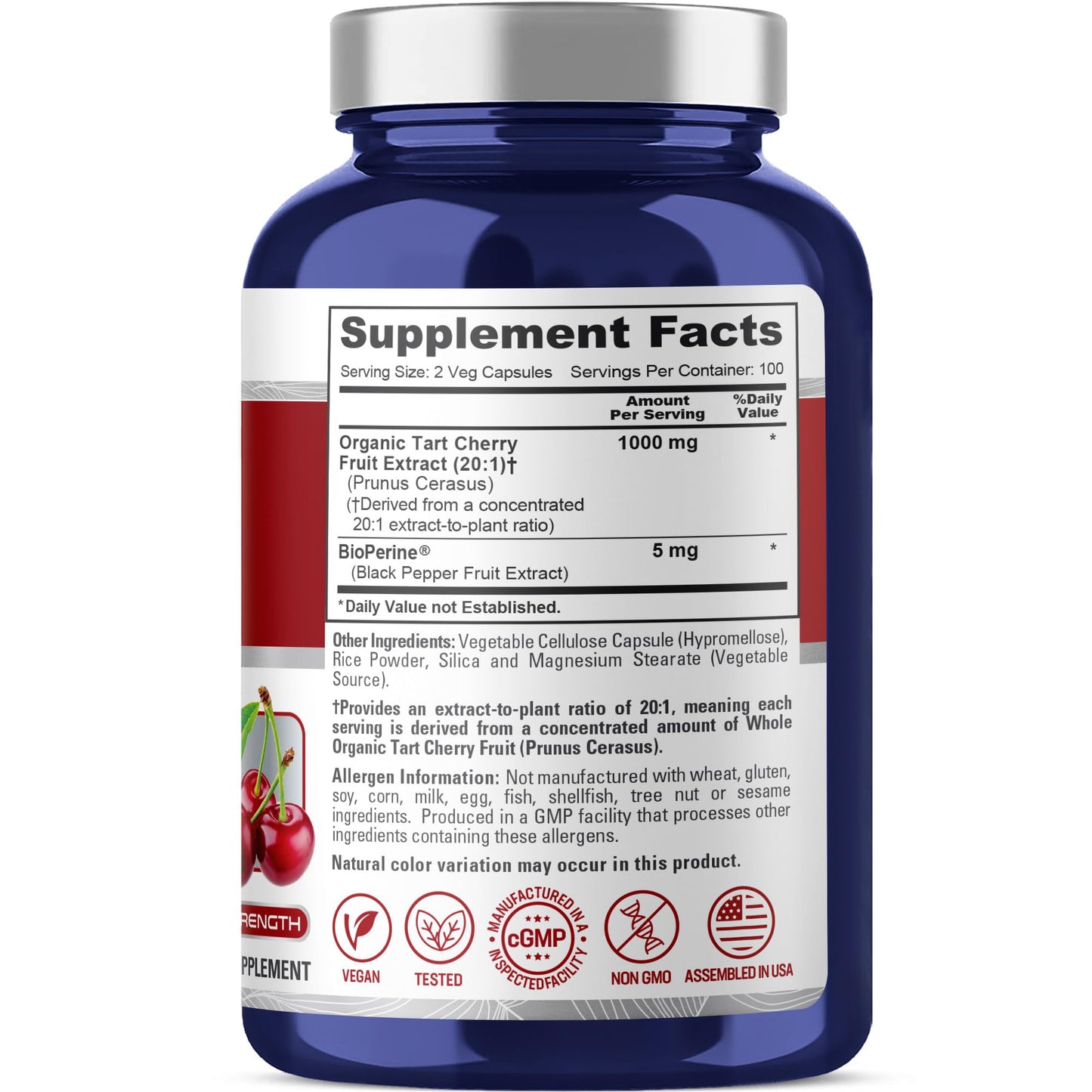 NusaPure Tart Cherry Capsules, 1000 mg, 200 Veg Capsules