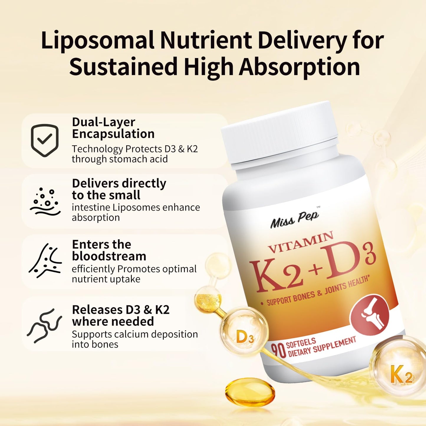 MISS PEP Vitamin D3 K2, 5000 IU D3 and 100 mcg K2 (MK-7), 180 Capsules