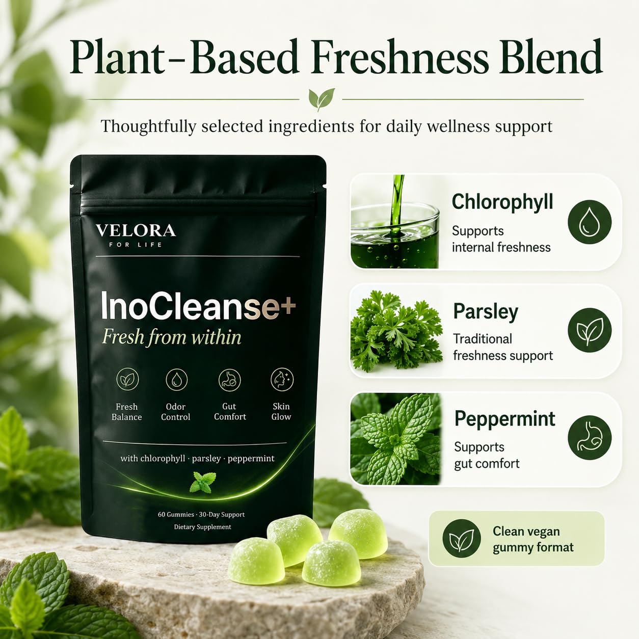 Pillow Daddy Chlorophyll Gummies Inocleanse+ Fresh Breath & Body Deodorizing Supplement with Chlorophyll, Parsley & Peppermint Extracts, 60 Vegan Gummies
