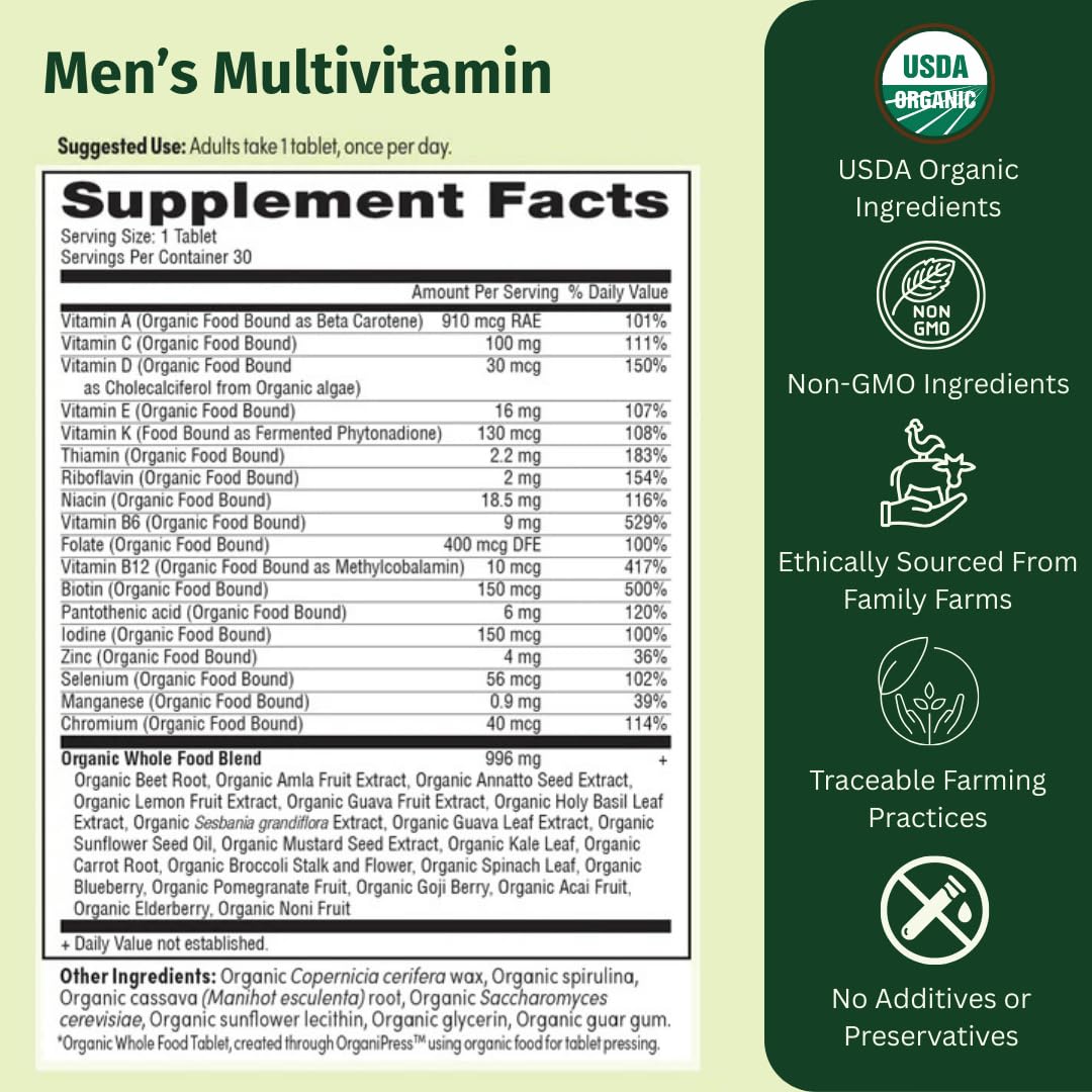 EarthFirst Organic Men’s Multi Once Daily, Whole-Food Multivitamin with 19 Vitamins & Minerals for Energy, Heart, Bone Strength, Prostate & Immune Support, Vegan, Non-GMO, 60 Tablets