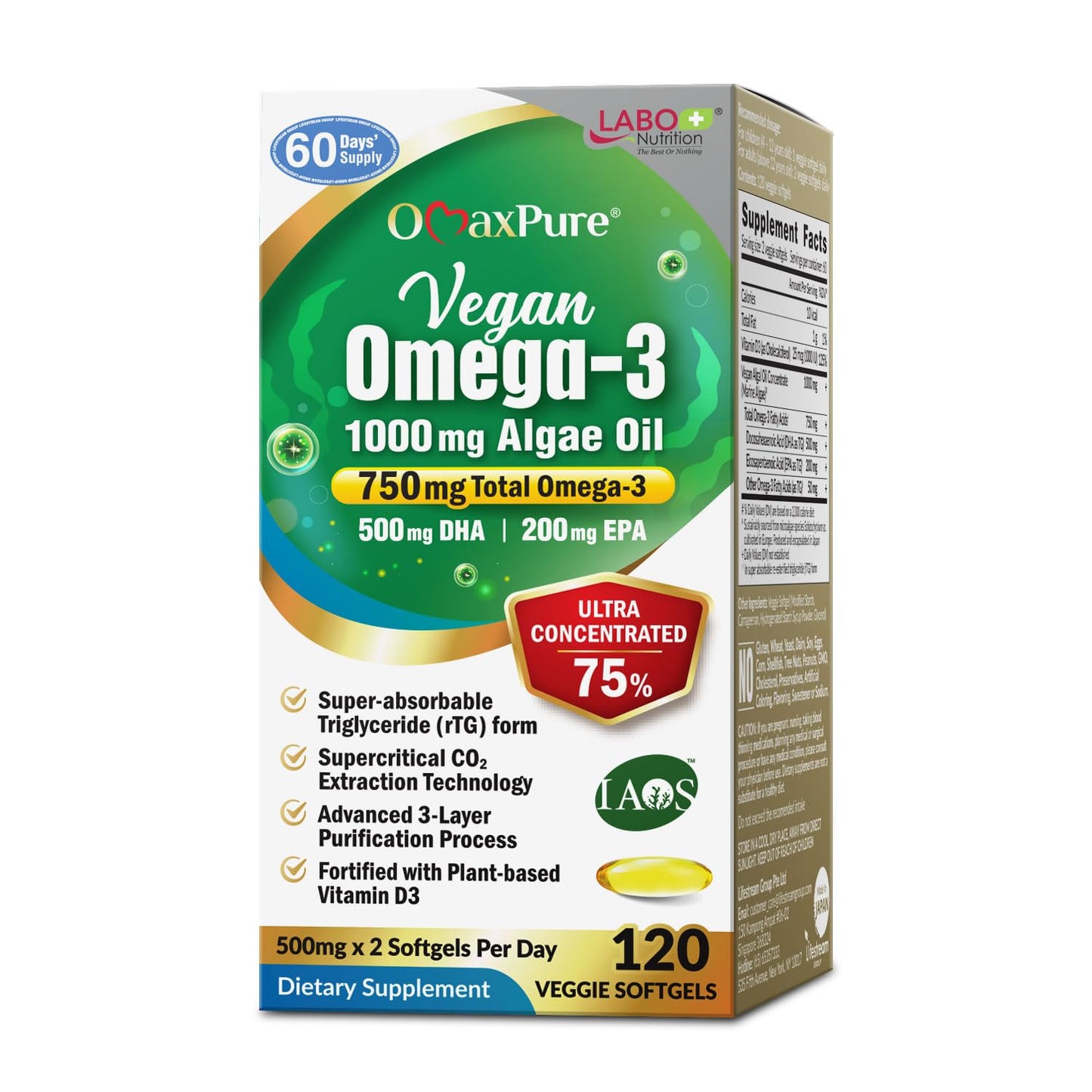 LABO Nutrition OmaxPure Vegan Omega-3 Algae Oil IAOS EPA DHA Softgels 120