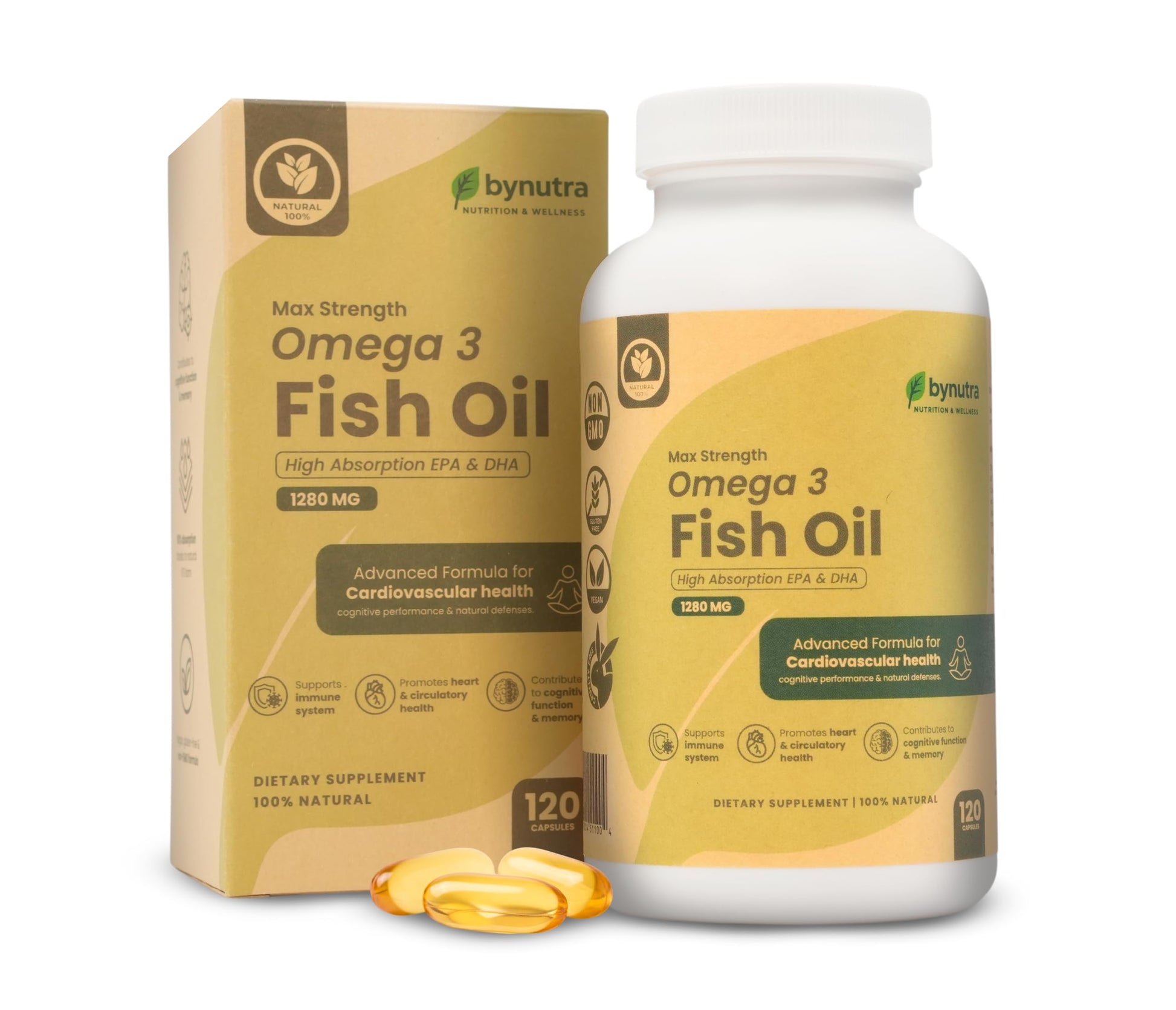 BYNUTRA Omega 3 Fish Oil Softgels, Max Strength 1280 mg, EPA 650 mg & DHA 450 mg, High-Potency Omega-3 for Daily Wellness Support, 1 Count