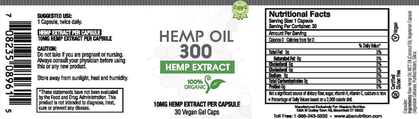 Absolute Nutrition Hemp Oil Capsules, 30 Count, 100% Organic Hemp Extract, Omega-3-6-9, CO2 Extracted, with MCT Oil