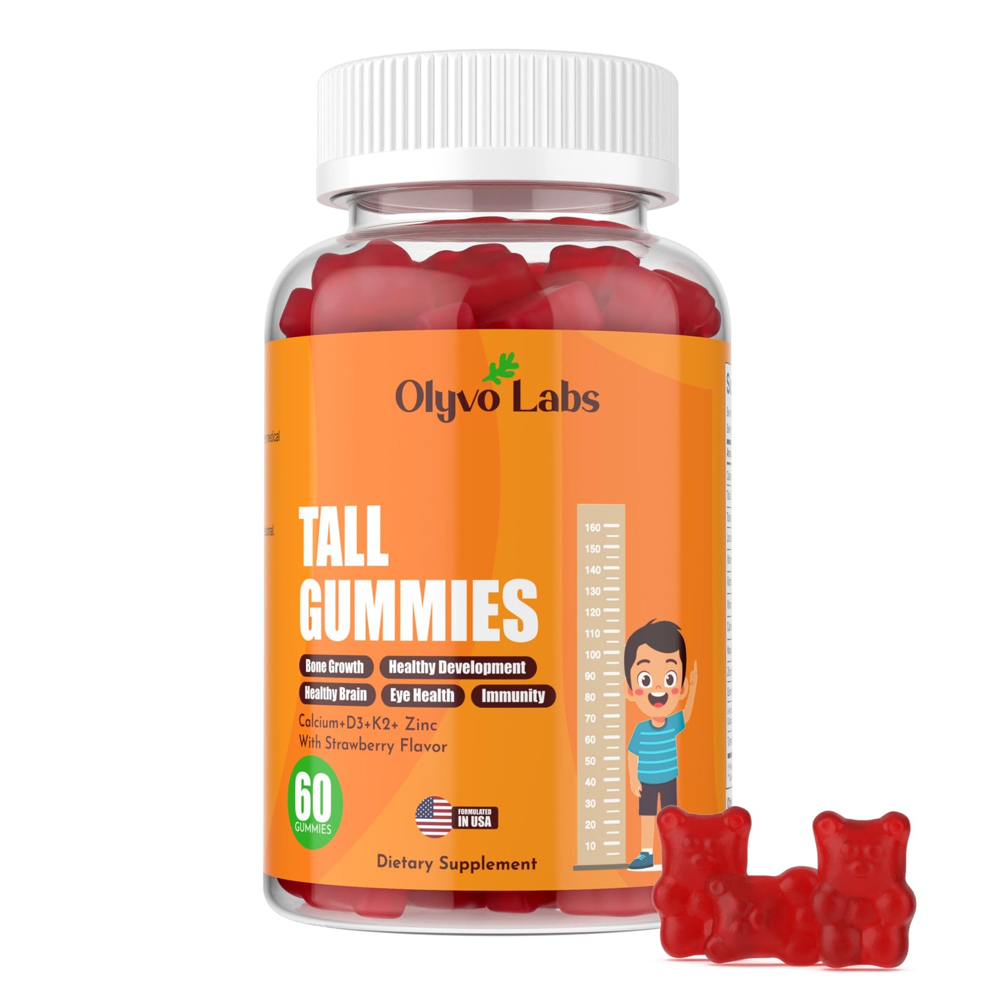 Olyvo Labs Height Growth Gummies with L-Arginine for Kids 2+ & Teens, Sugar-Free Strawberry Flavor, 60 Gummies