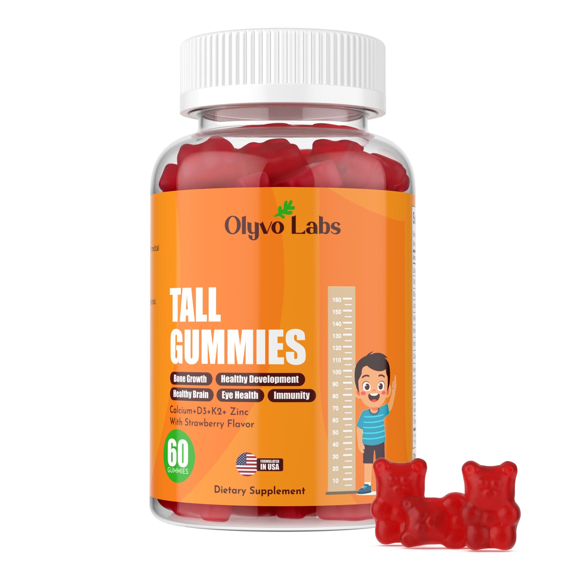 Olyvo Labs Height Growth Gummies with L-Arginine for Kids 2+ & Teens, Sugar-Free Strawberry Flavor, 60 Gummies