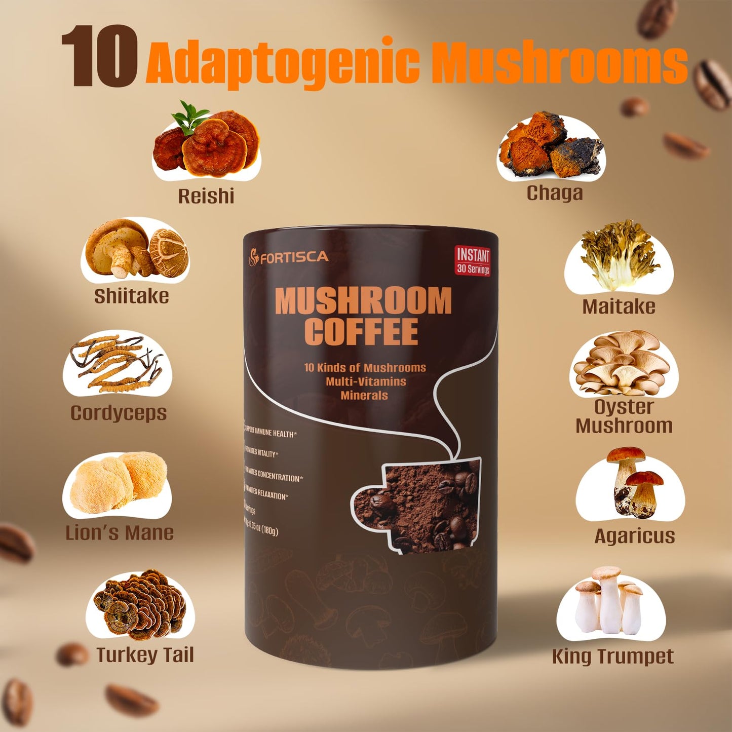 FORTISCA Mushroom Coffee 10 in 1 with Lion's Mane, Cordyceps, Turkey Tail & Other, Ashwagandha Magnesium Multivitamins Instant Coffee Powder, 6.35 oz