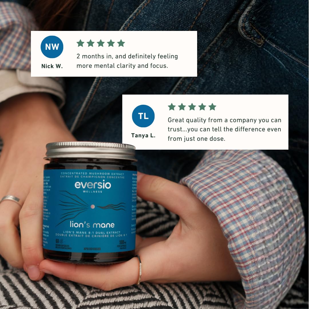 Eversio Wellness Organic Lion’s Mane Capsules – 8:1 Dual Extract, 500mg per Capsule, >35% Beta-Glucans – Fruiting Body Mushroom Supplement for Focus & Memory Support, 60 Capsules