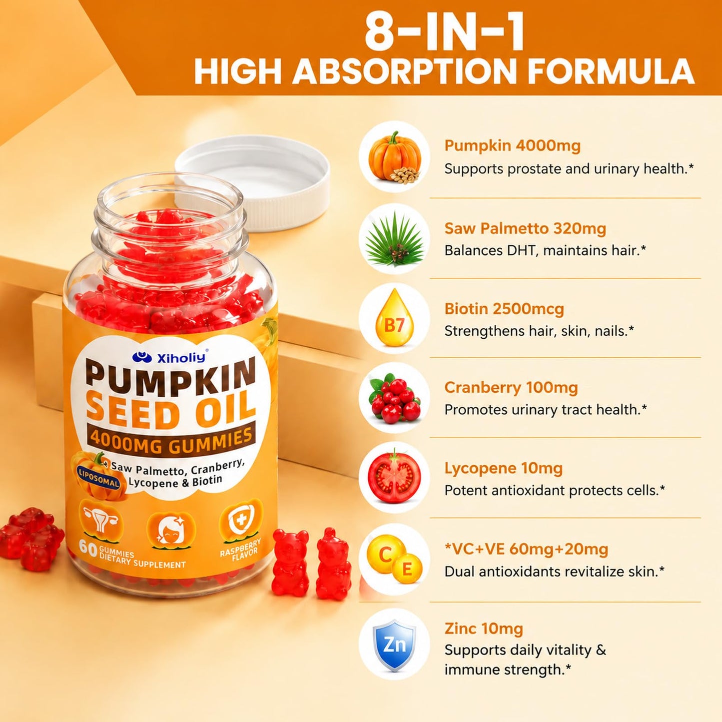 XIHOLIY Pumpkin Seed Oil Gummies 4000mg with Saw Palmetto, 60 Gummies