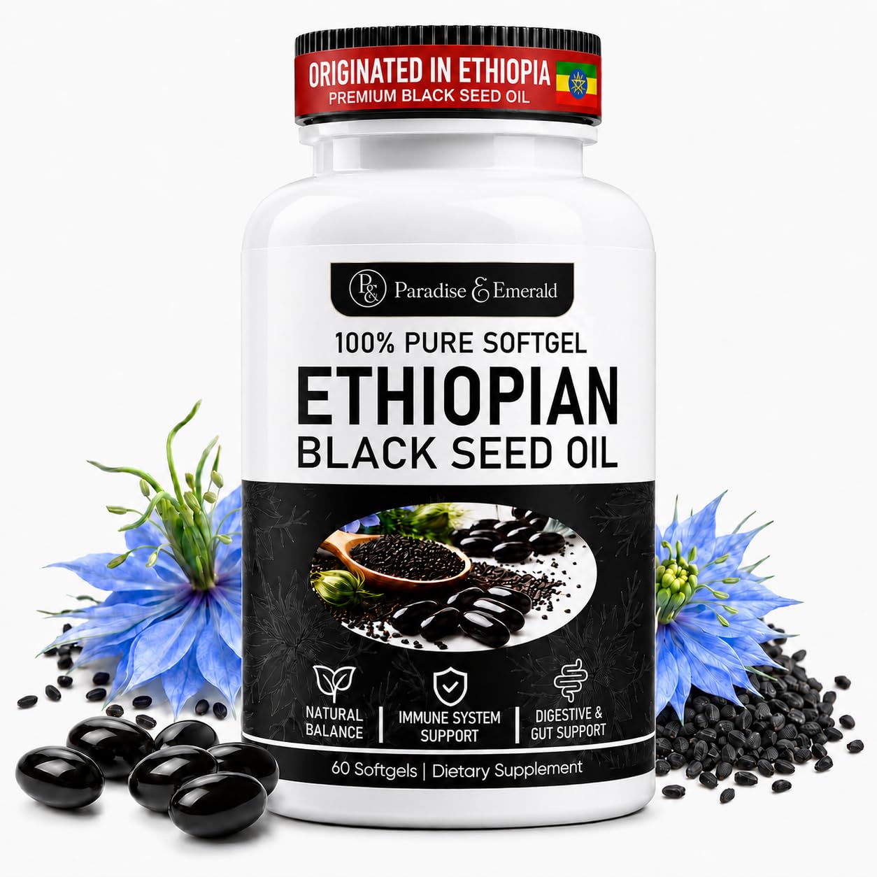Paradise Emerald Ethiopian Black Seed Oil Softgels with 4.64% Thymoquinone, Cold-Pressed, Non-GMO, Gluten-Free, Daily Immune and Digestive Support, 60 Softgels