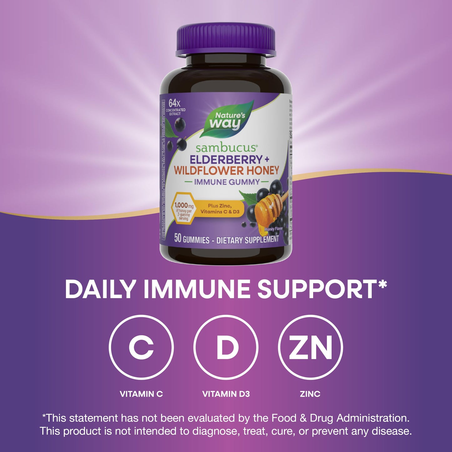 Nature's Way Sambucus Elderberry + Wildflower Honey Immune Gummy, 50 Gummies