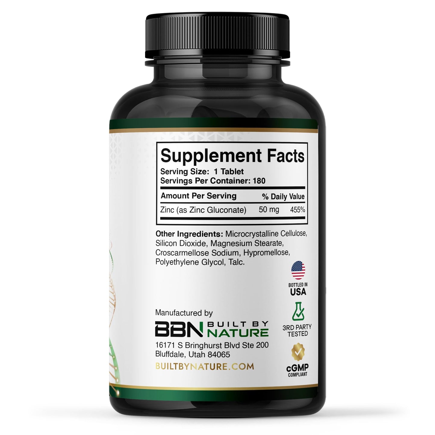 Built by Nature Zinc 50 mg (Zinc Gluconate), Immune & Antioxidant Support, 180 Tablets