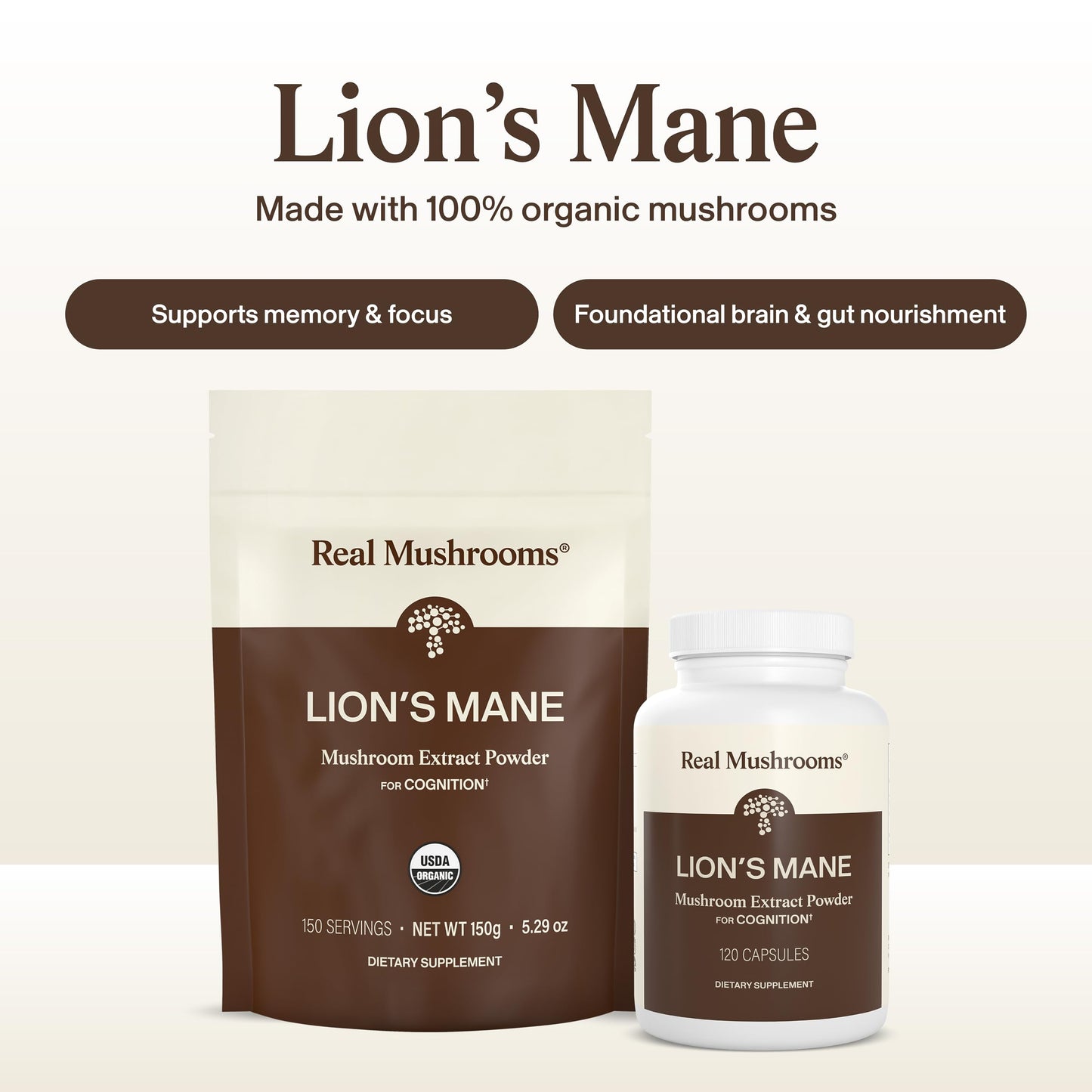 Real Mushrooms Lion's Mane Capsules, Brain, Focus and Cognition, 120 Capsules
