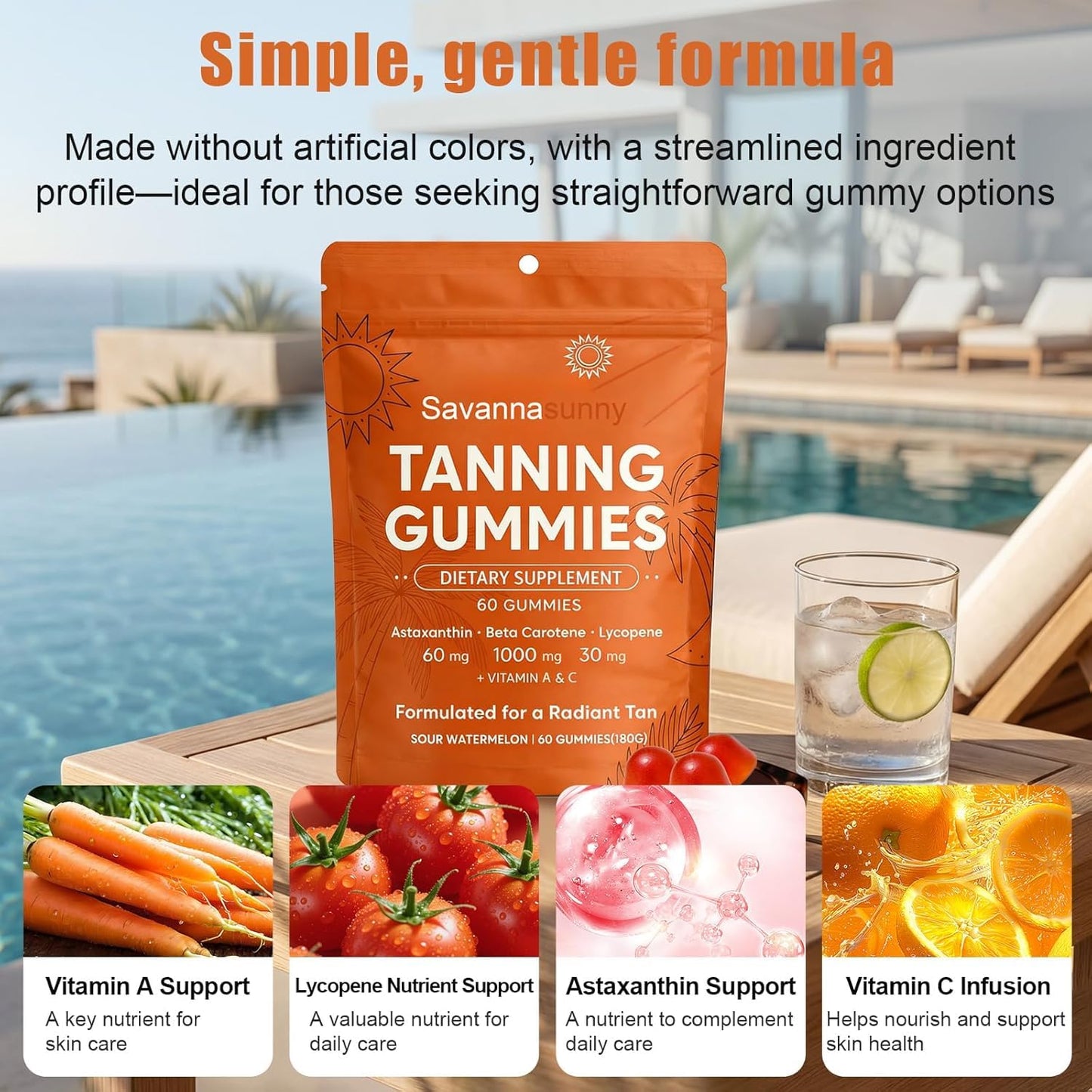 CORTISOL DRINK Tanning Gummies for Women, Skin Radiance & Hydration for Natural Looking Glow, Bronzing, with Vitamin C & E, Astaxanthin, Beta Carotene, Vegan & Sugar Free, Non-GMO, 60 Count