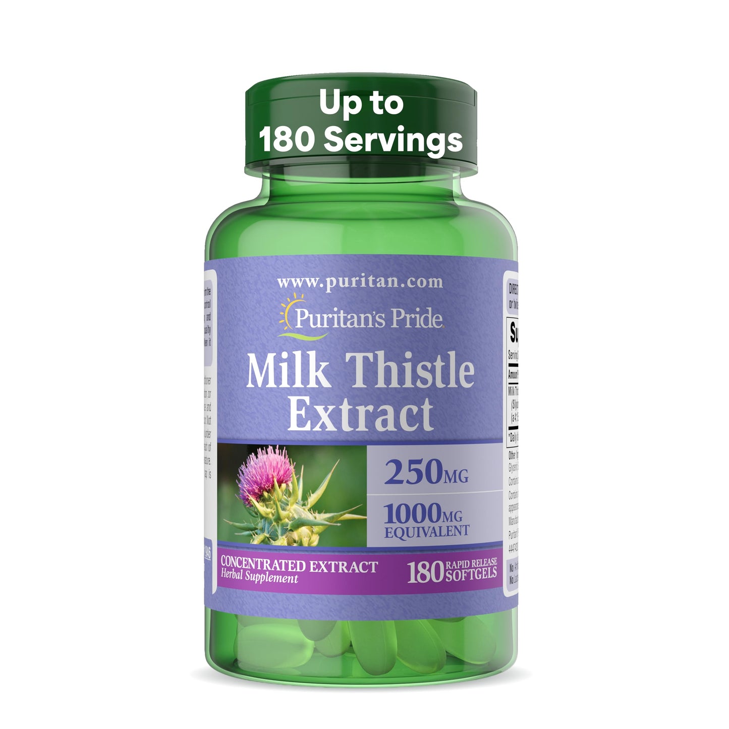 Puritan's Pride Milk Thistle 4:1 Concentration Extract 250 mg Capsules 180 Count